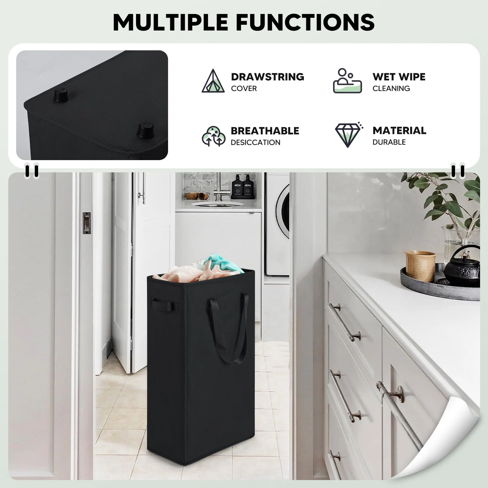 Virklyee Slim Wäschekorb Kleiner Wäschekorb Faltbarer Wäschekorb,Und Griff, mit Griffen für Waschküche, Schlafzimmer, Badezimmer,39x19x61CM,45L (Schwarz) - Image 4