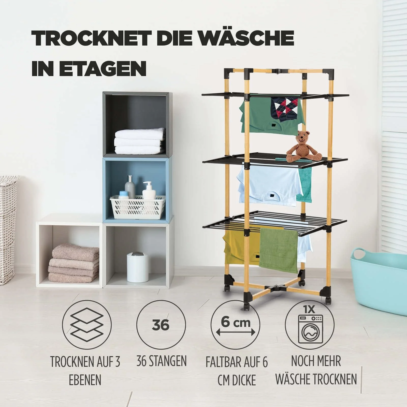 Vitapur Faltbarer Wäscheständer I Trocknen auf Mehreren Ebenen I Standtrockner 69x136x69 cm I Bis zu 20 kg Wäsche I wäschetrockner ideal für kleine Wohnungen I Stabile Räder - Image 8