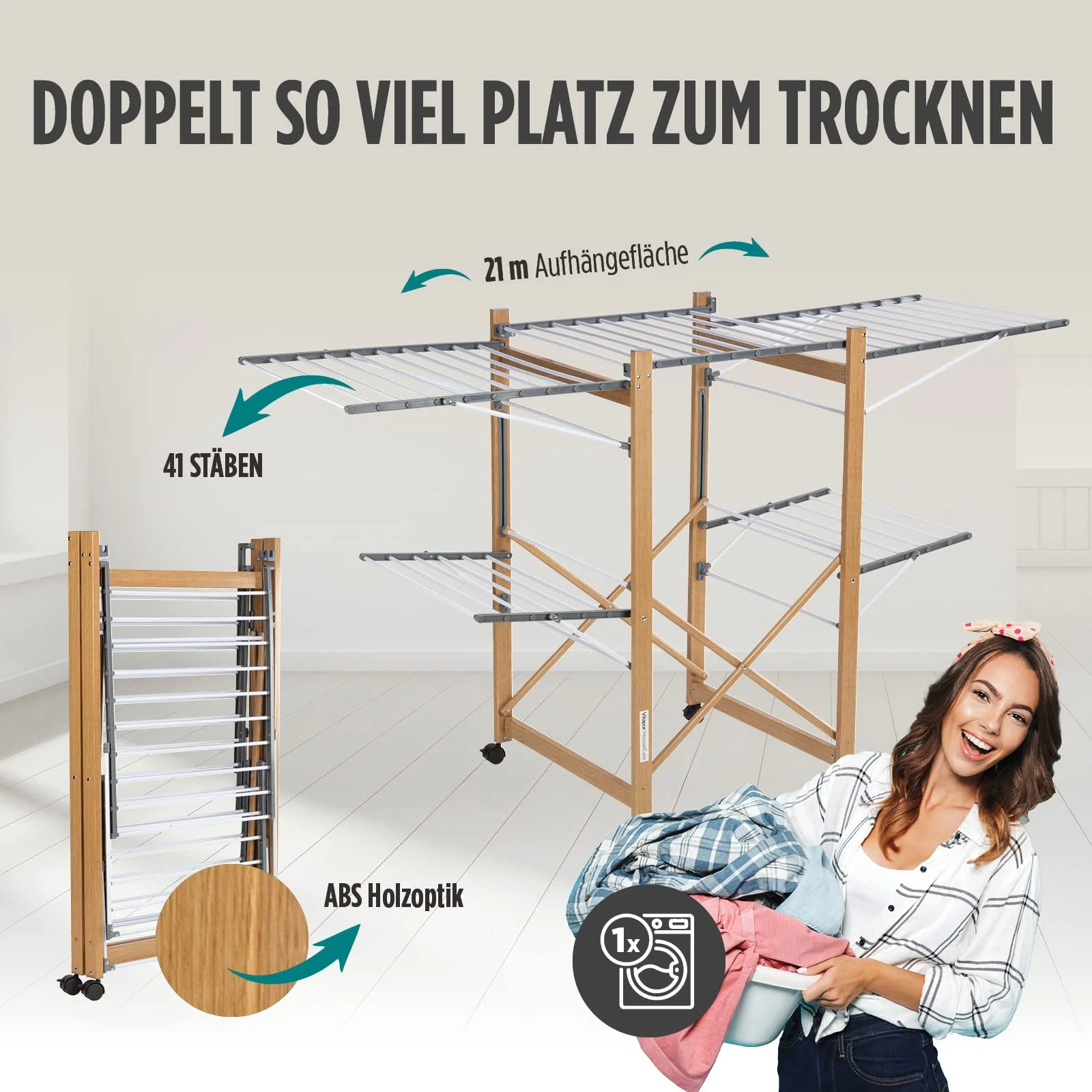 Vitapur House Care Wäscheständer - Ausziehbarer Standtrockner im Holzoptik - Mobile mit Rollen - Klappbarer Flügelwäschetrockner auch für Lange Wäschestücken - für Innen und Draußen - Image 2