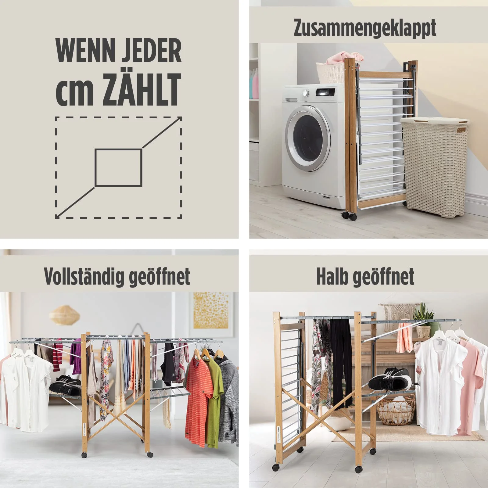 Vitapur House Care Wäscheständer - Ausziehbarer Standtrockner im Holzoptik - Mobile mit Rollen - Klappbarer Flügelwäschetrockner auch für Lange Wäschestücken - für Innen und Draußen - Image 4