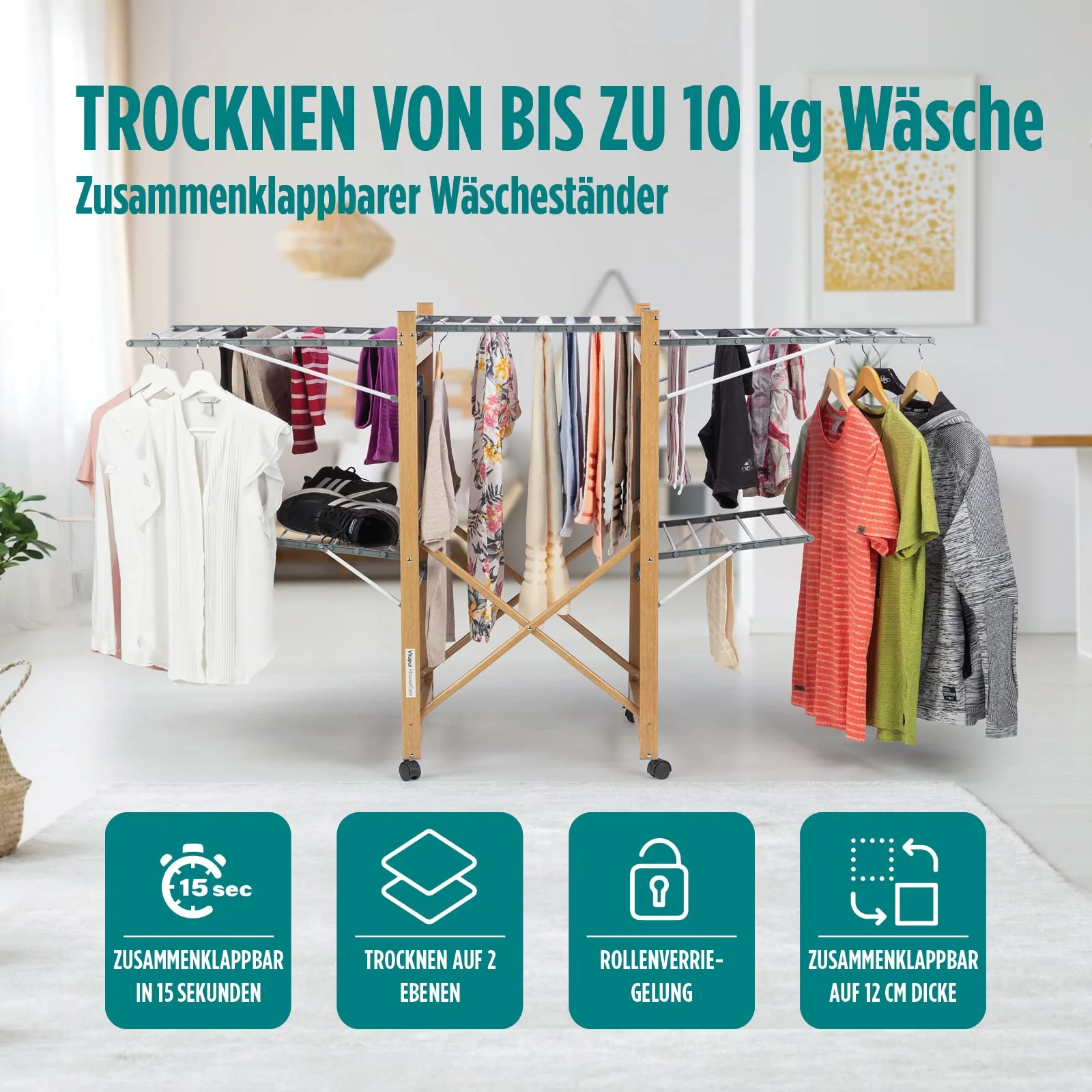 Vitapur House Care Wäscheständer - Ausziehbarer Standtrockner im Holzoptik - Mobile mit Rollen - Klappbarer Flügelwäschetrockner auch für Lange Wäschestücken - für Innen und Draußen - Image 5