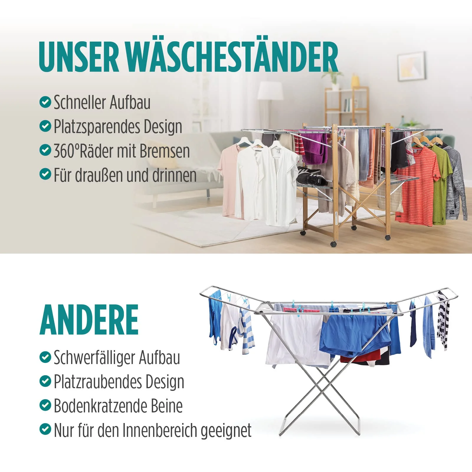 Vitapur House Care Wäscheständer - Ausziehbarer Standtrockner im Holzoptik - Mobile mit Rollen - Klappbarer Flügelwäschetrockner auch für Lange Wäschestücken - für Innen und Draußen - Image 6