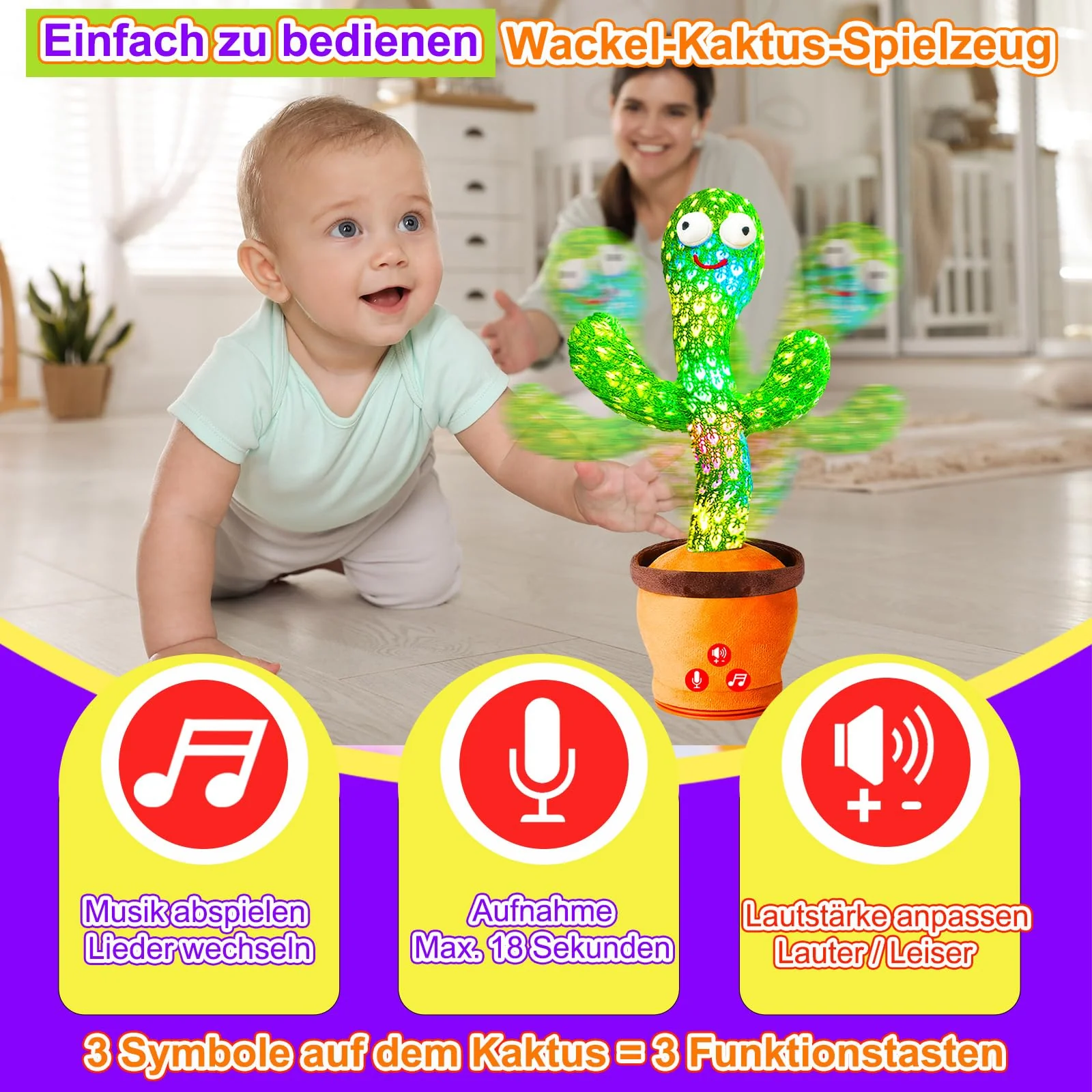 Vitosup Tanzender Sprechender Kaktus Baby Spielzeug, Lautstärke einstellbar, Nachahmend Singend Wiederholend, Interaktives Plüsch-Babyspielzeug/Geschenk für Jungen Mädchen - Image 6