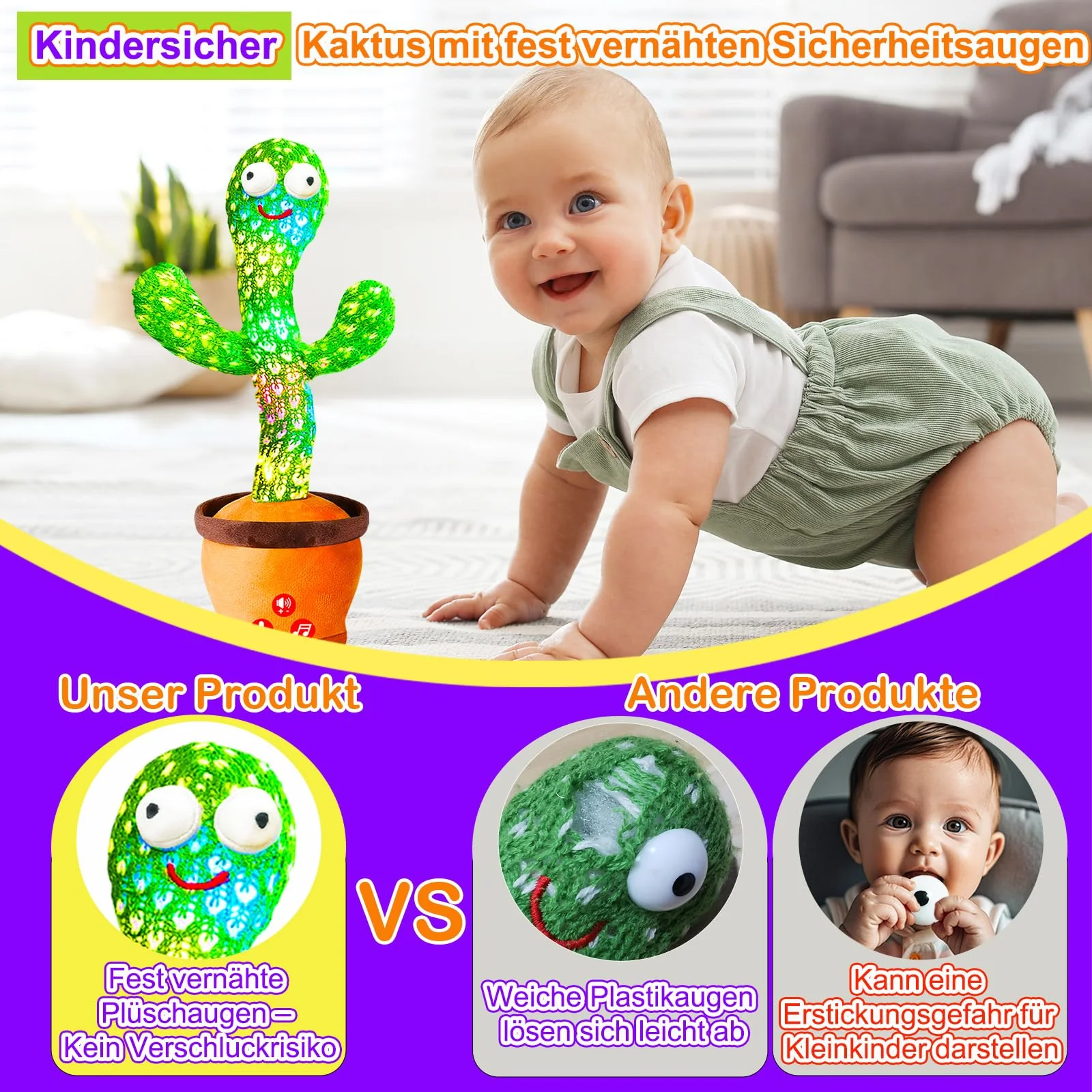 Vitosup Tanzender Sprechender Kaktus Baby Spielzeug, Lautstärke einstellbar, Nachahmend Singend Wiederholend, Interaktives Plüsch-Babyspielzeug/Geschenk für Jungen Mädchen - Image 8