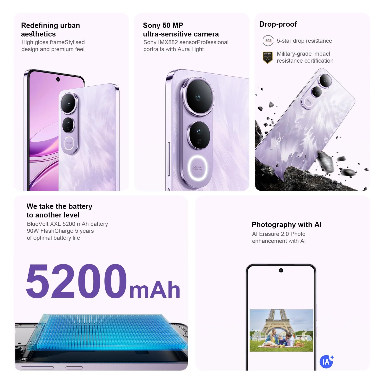 VIVO V50 Lite 4G Smartphone 8GB 256GB, 6,77" 120Hz P-OLED Bildschirm,50MP Sony Hauptkamera, Aura Light, 5200 mAh Akku, MediaTek Dimensity 6300, Android 15, Dual SIM, NFC, Purpurrot - Image 8