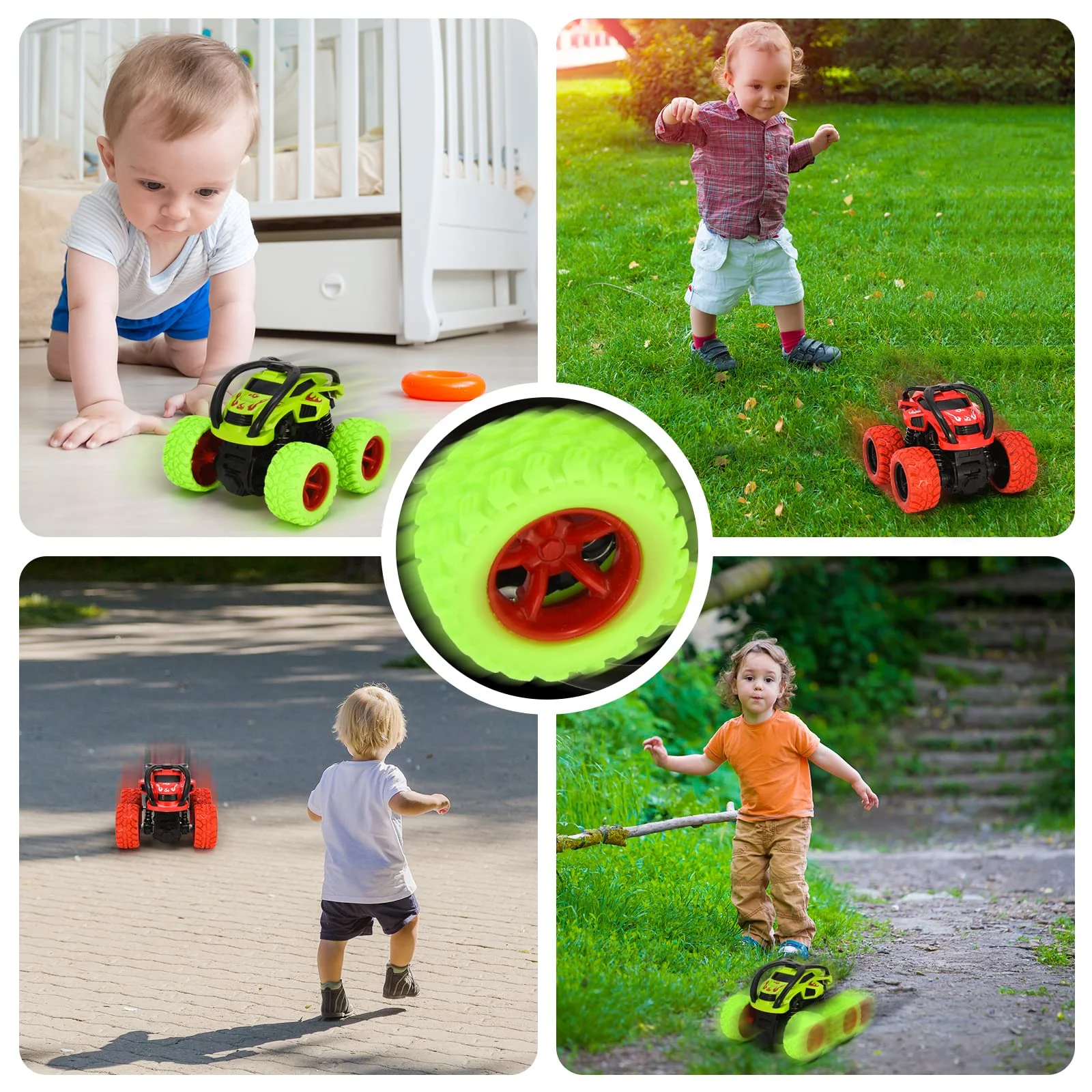 VoMii 2 Stück Monster Truck, Spielzeugauto für Kinder ab 3-10 Jahre, Große Gummiräder 4x4 Power Trägheitsbetriebene Fahrzeuge, 360° Stunt-Rotation, Rennwagen Spielsets für Kinder, 1:64 Scale - Image 2