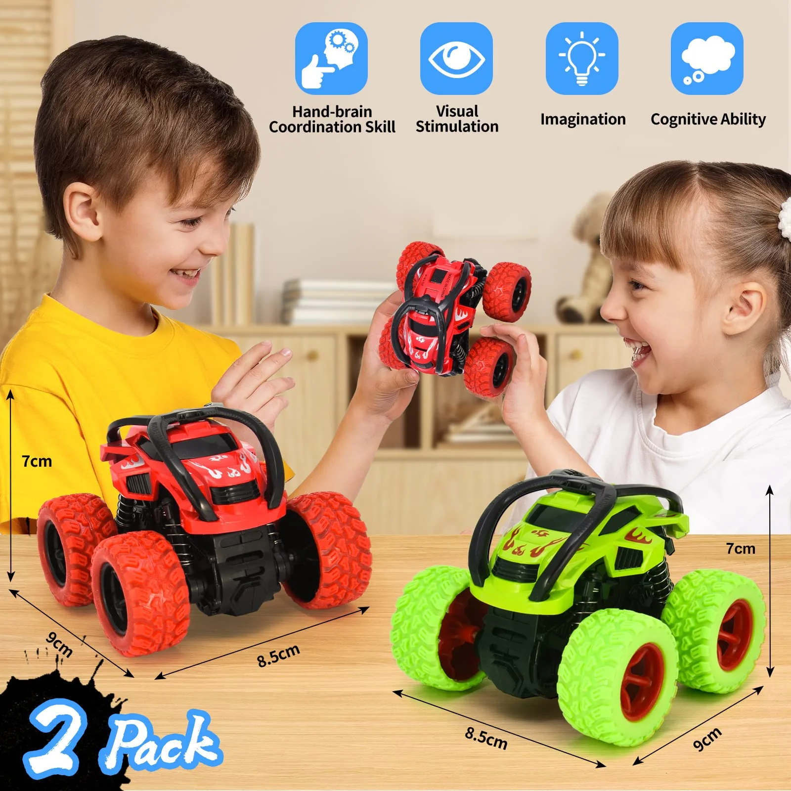VoMii 2 Stück Monster Truck, Spielzeugauto für Kinder ab 3-10 Jahre, Große Gummiräder 4x4 Power Trägheitsbetriebene Fahrzeuge, 360° Stunt-Rotation, Rennwagen Spielsets für Kinder, 1:64 Scale - Image 3