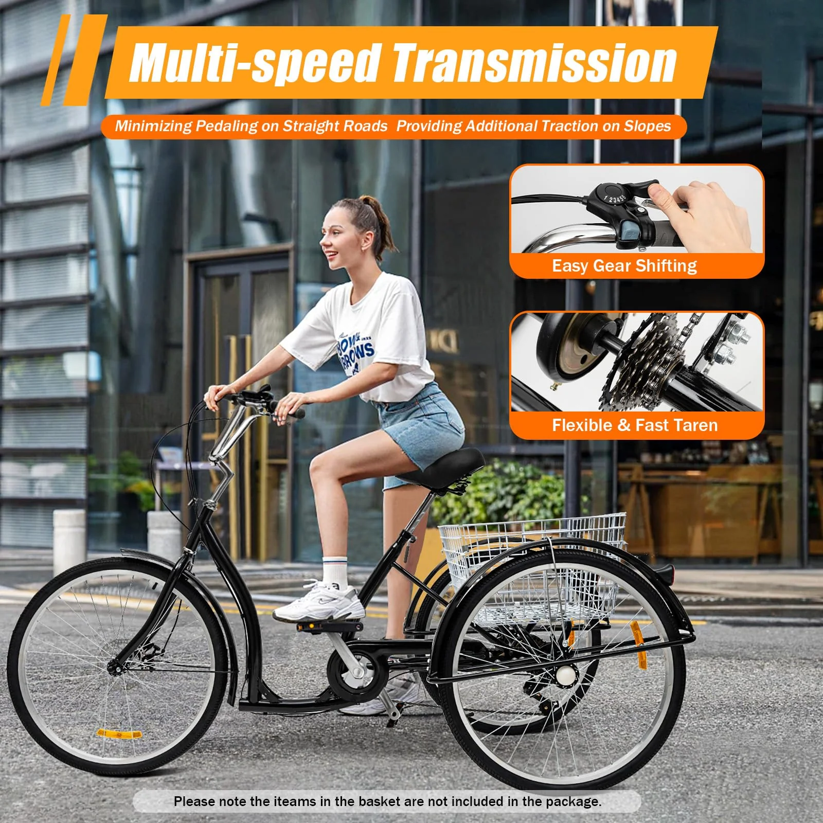 VonVVer 26 Zoll Dreirad für Erwachsene - 6 Gang Dreiräder Erwachsene mit Korb 110KG Last Höhenverstellbar 3 Räder Fahrrad Cityräder Cruise Einkaufsrad für Senioren Frauen Ältere (Schwarz) - Image 3