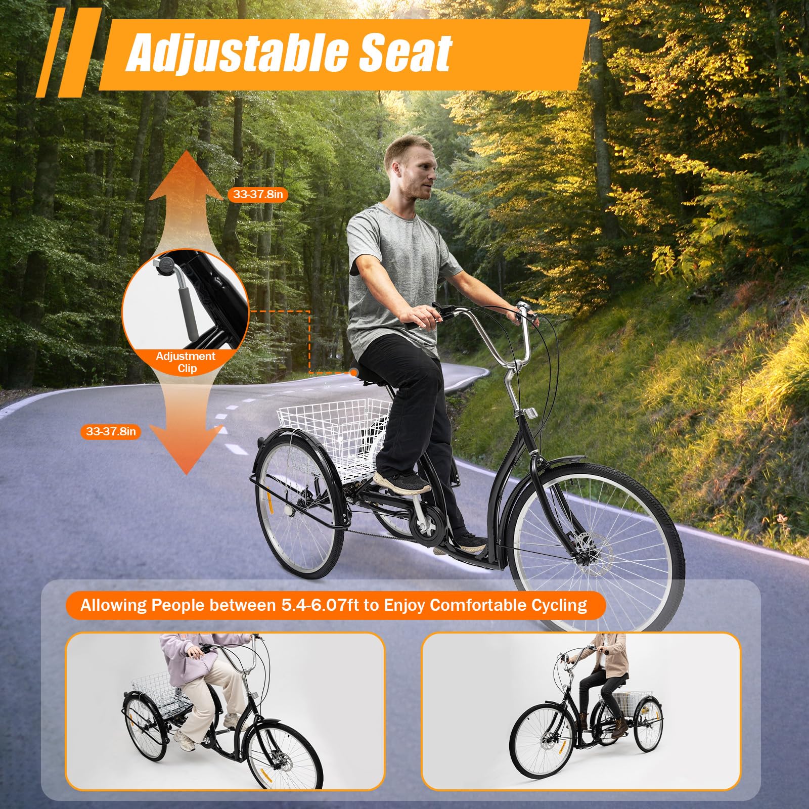 VonVVer 26 Zoll Dreirad für Erwachsene - 6 Gang Dreiräder Erwachsene mit Korb 110KG Last Höhenverstellbar 3 Räder Fahrrad Cityräder Cruise Einkaufsrad für Senioren Frauen Ältere (Schwarz) - Image 8