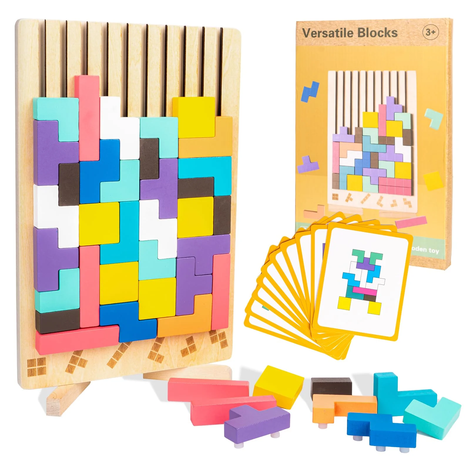 VORHOT Tetris Holzspiel, Holz Tetris Montessori Spielzeug ab 3 4 5 Jahre, Holzpuzzle Stapelsteine Kinder Lernspielzeug Holzspielzeug, Gehirn Spielzeug mit 10 Karten, Geschenk für Jungen Mädchen