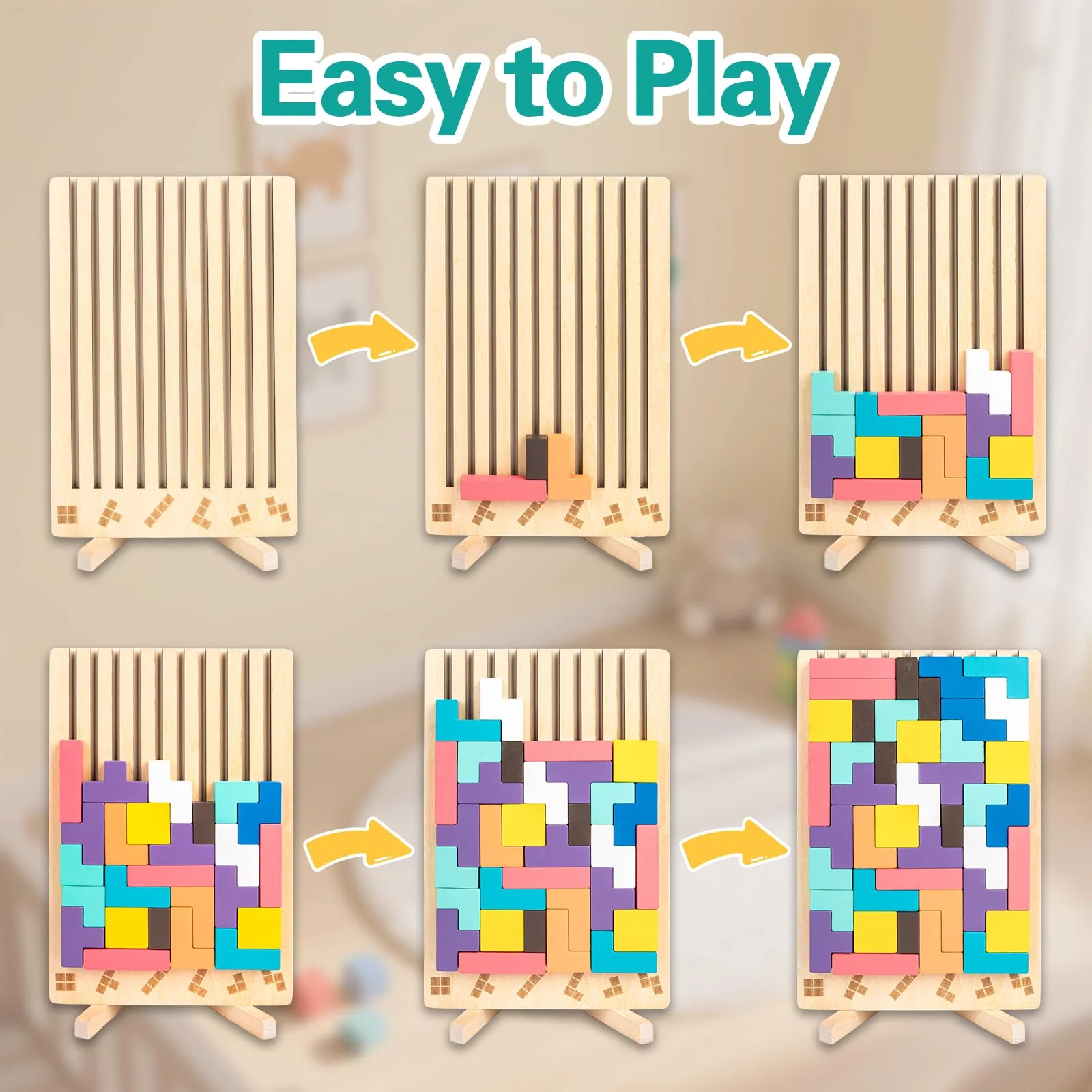 VORHOT Tetris Holzspiel, Holz Tetris Montessori Spielzeug ab 3 4 5 Jahre, Holzpuzzle Stapelsteine Kinder Lernspielzeug Holzspielzeug, Gehirn Spielzeug mit 10 Karten, Geschenk für Jungen Mädchen - Image 3
