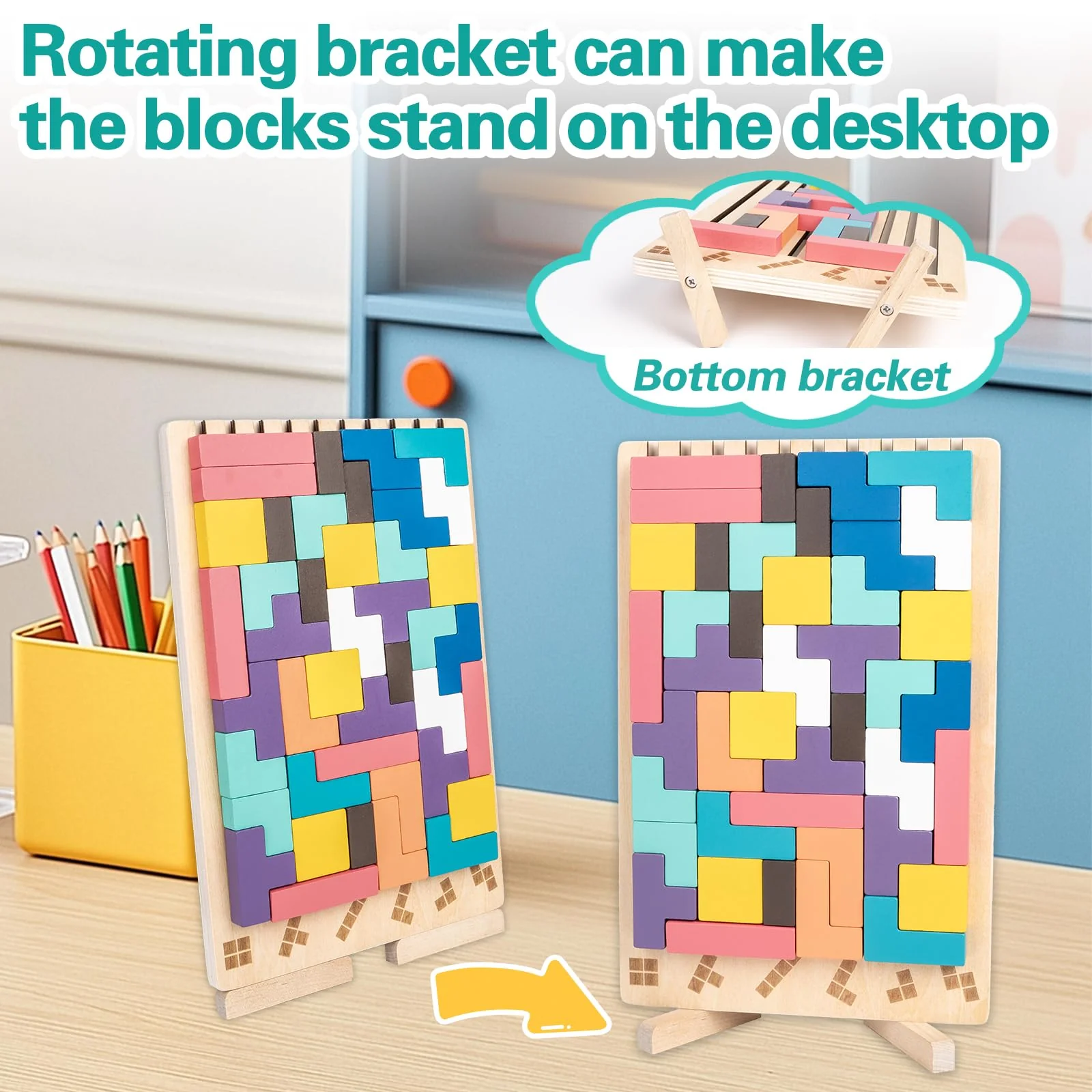 VORHOT Tetris Holzspiel, Holz Tetris Montessori Spielzeug ab 3 4 5 Jahre, Holzpuzzle Stapelsteine Kinder Lernspielzeug Holzspielzeug, Gehirn Spielzeug mit 10 Karten, Geschenk für Jungen Mädchen - Image 4