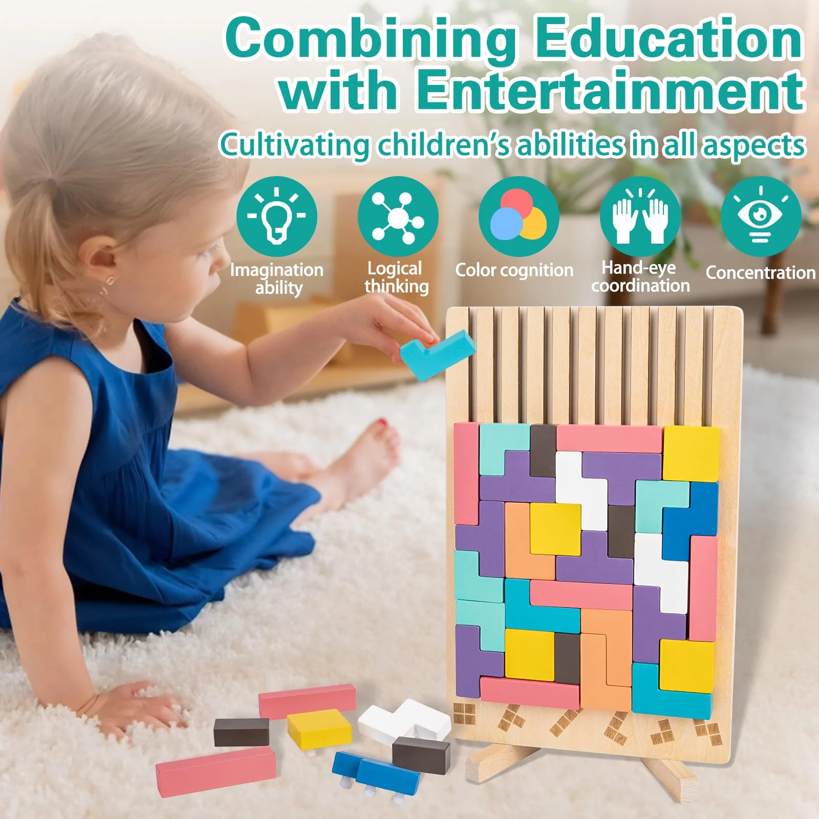 VORHOT Tetris Holzspiel, Holz Tetris Montessori Spielzeug ab 3 4 5 Jahre, Holzpuzzle Stapelsteine Kinder Lernspielzeug Holzspielzeug, Gehirn Spielzeug mit 10 Karten, Geschenk für Jungen Mädchen - Image 5