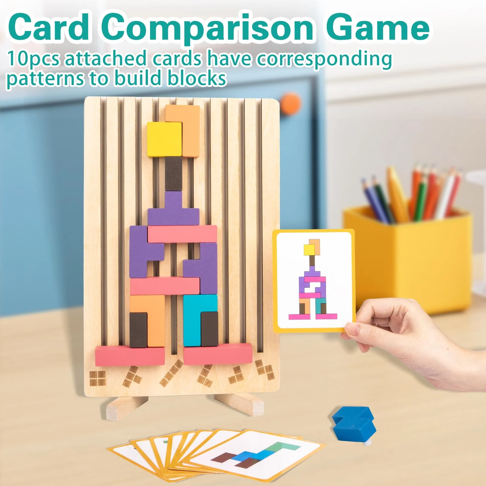 VORHOT Tetris Holzspiel, Holz Tetris Montessori Spielzeug ab 3 4 5 Jahre, Holzpuzzle Stapelsteine Kinder Lernspielzeug Holzspielzeug, Gehirn Spielzeug mit 10 Karten, Geschenk für Jungen Mädchen - Image 6