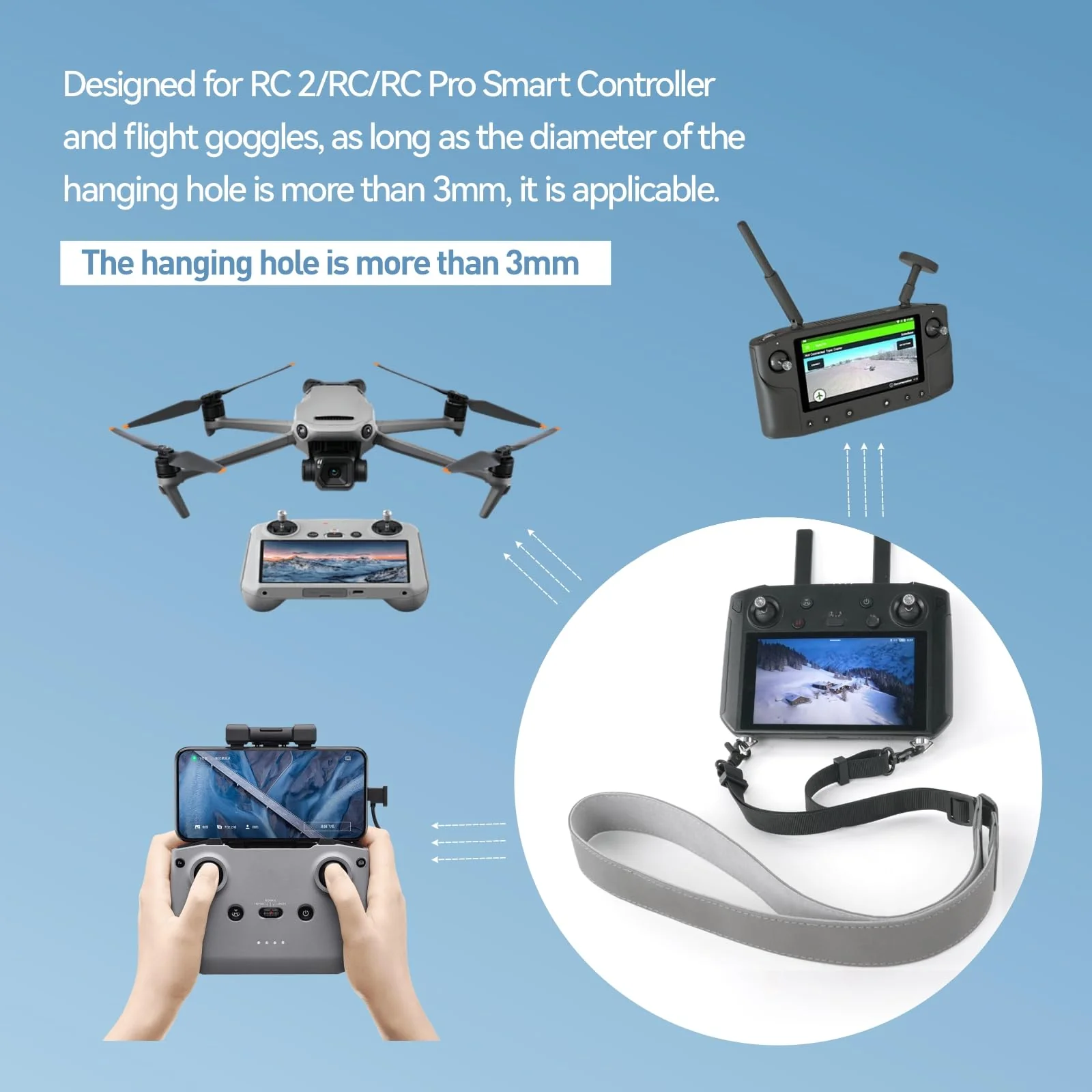 Votoko Fernbedienungs Leather Lanyard für DJI RC/RC 2/RC Pro/RC Plus, DJI Mini 3 Pro Mini 4 Pro RC Strap, Verstellbarer PU Gurt für Mavic 3/Mini 3 Pro/Mini 4 Pro Remote Controller Zubehör, Hellgrau - Image 2