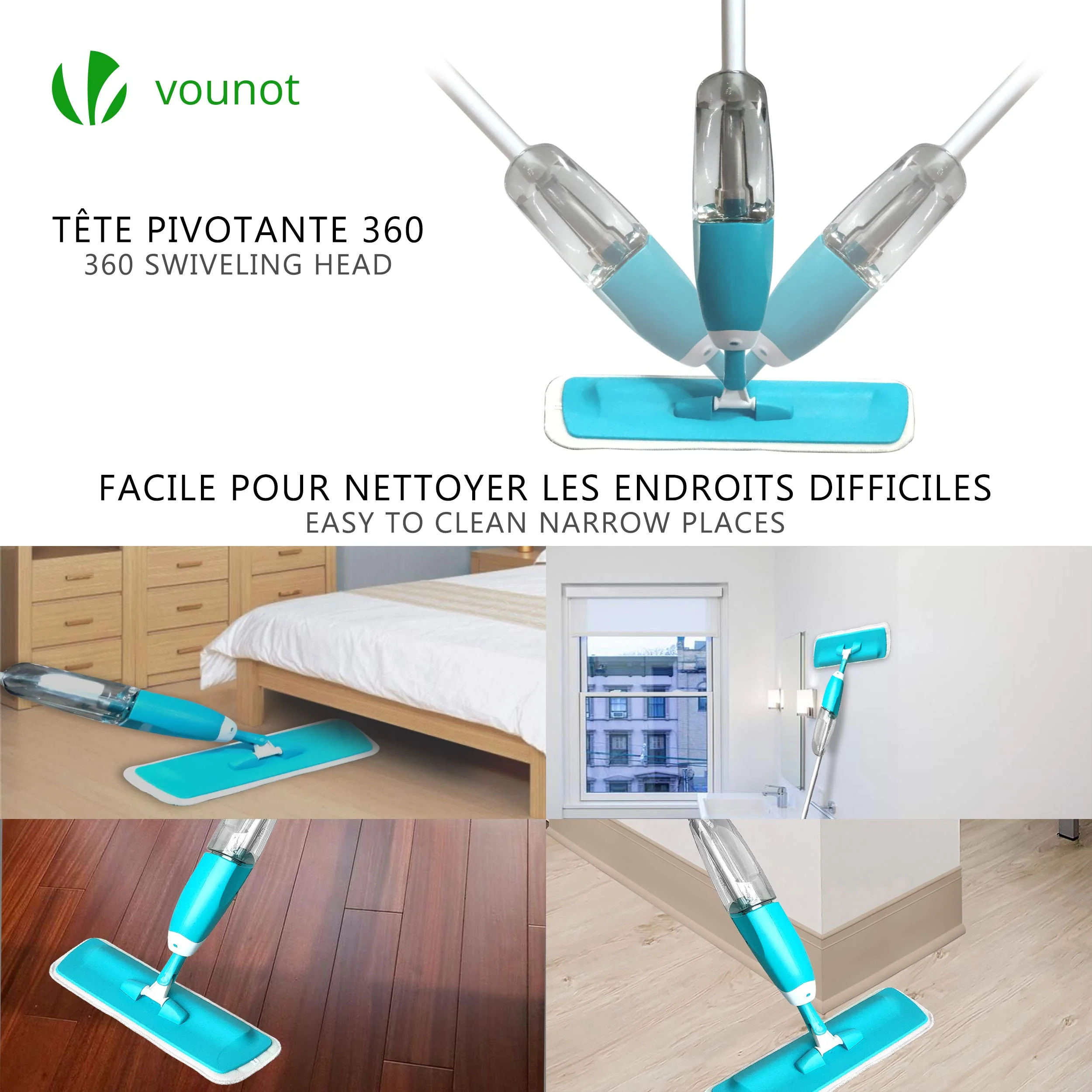 VOUNOT Wischer mit sprühfunktion, Sprühwischer mit 650ml Wassertank, Bodenwischer mit Sprühdüse, Spray Mop Wischmopp mit 2-Mikrofaserbezug, Blau - Image 3