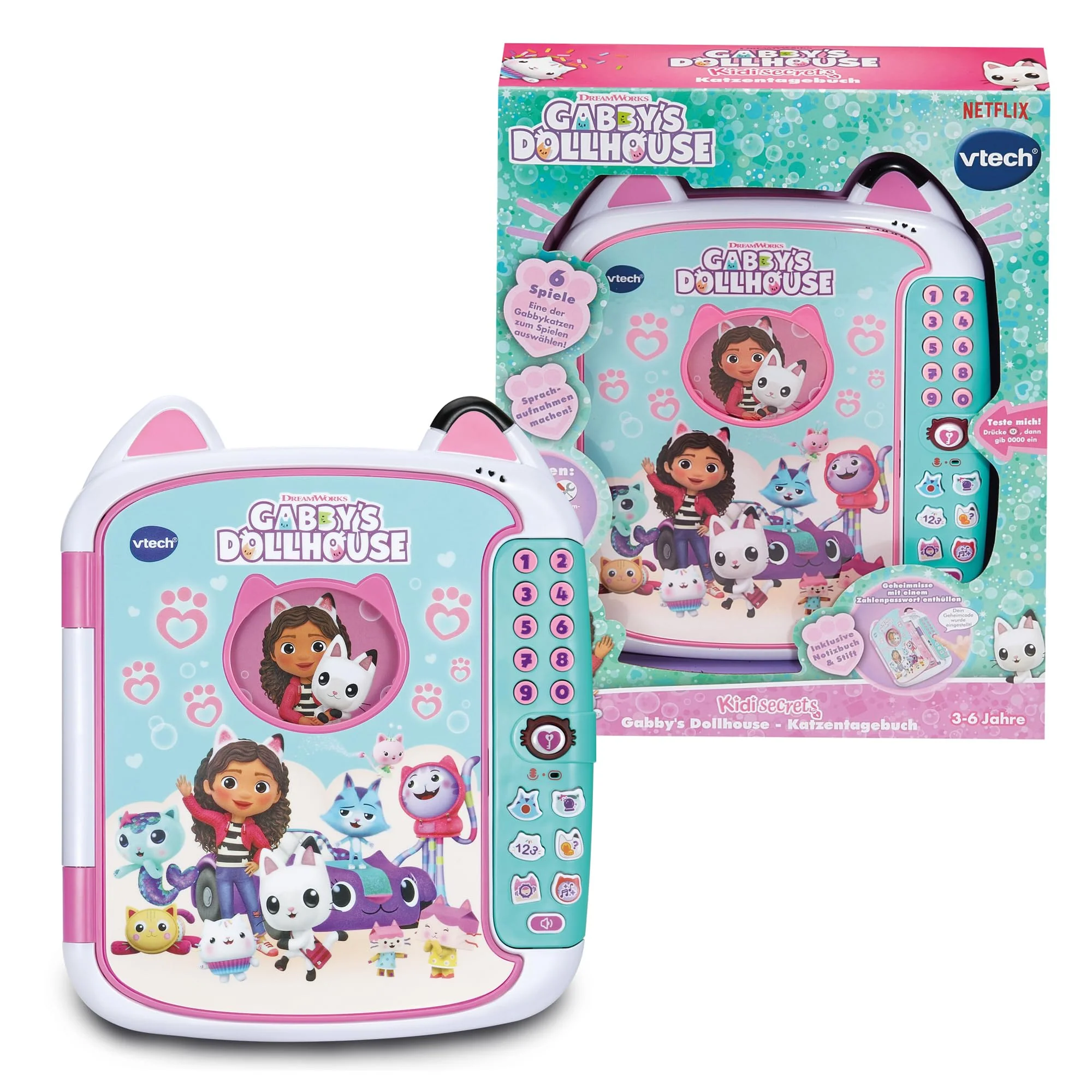 Vtech Gabby's Dollhouse - Katzentagebuch – Mit der Originalstimme von Gabby – Tagebuch mit Lerninhalten, 6 Spielmodi, Aktivitätstasten und Zahlenpasswort – Für Kinder von 3-6 Jahren