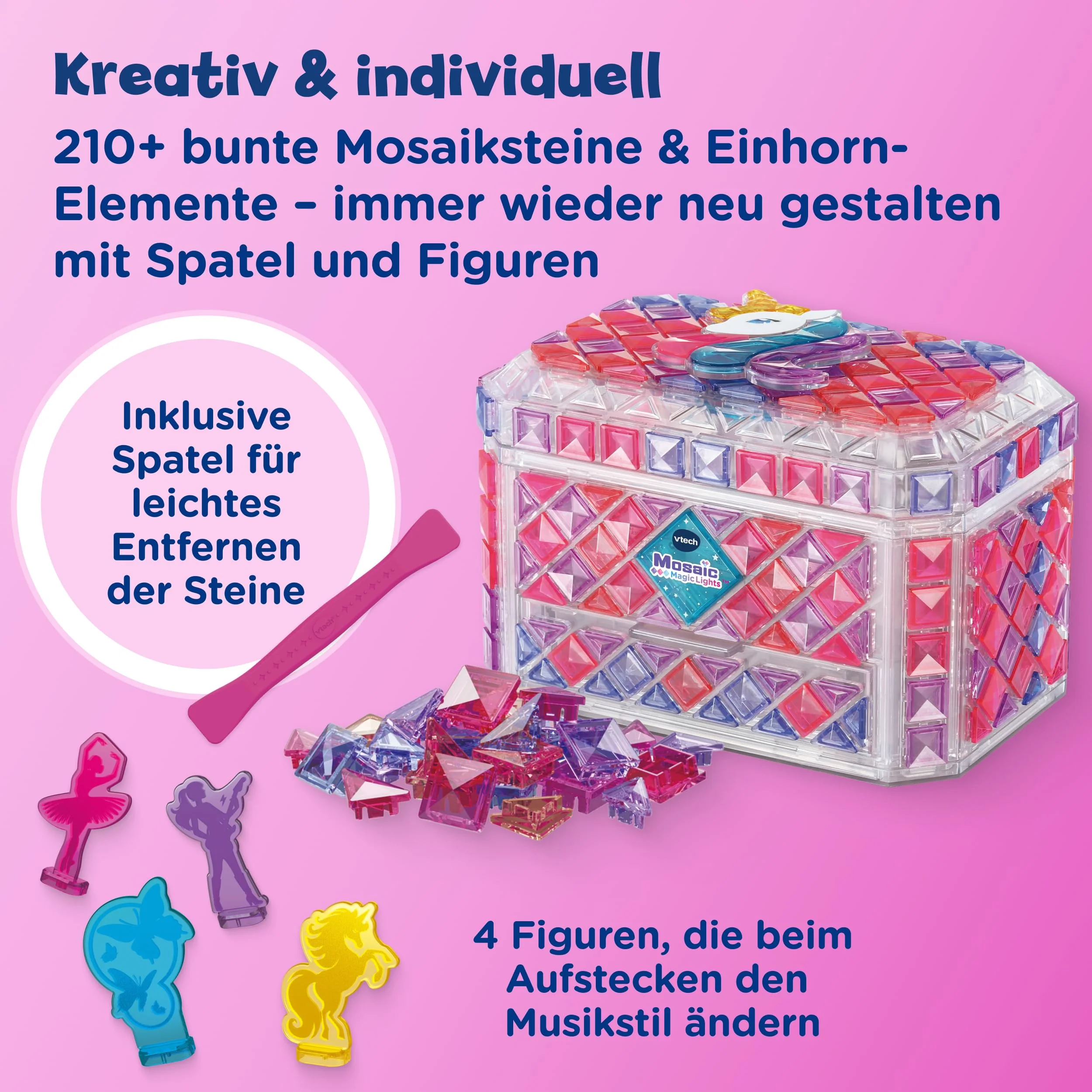 Vtech Mosaic Magic Lights Schmuckkästchen I Bastelset für Kinder mit Licht- und Musikmodus I Kreatives Kästchen mit 210 bunten Steinen Spiegel & Schublade I Kreativität Feinmotorik ab 5 Jahren - Image 5