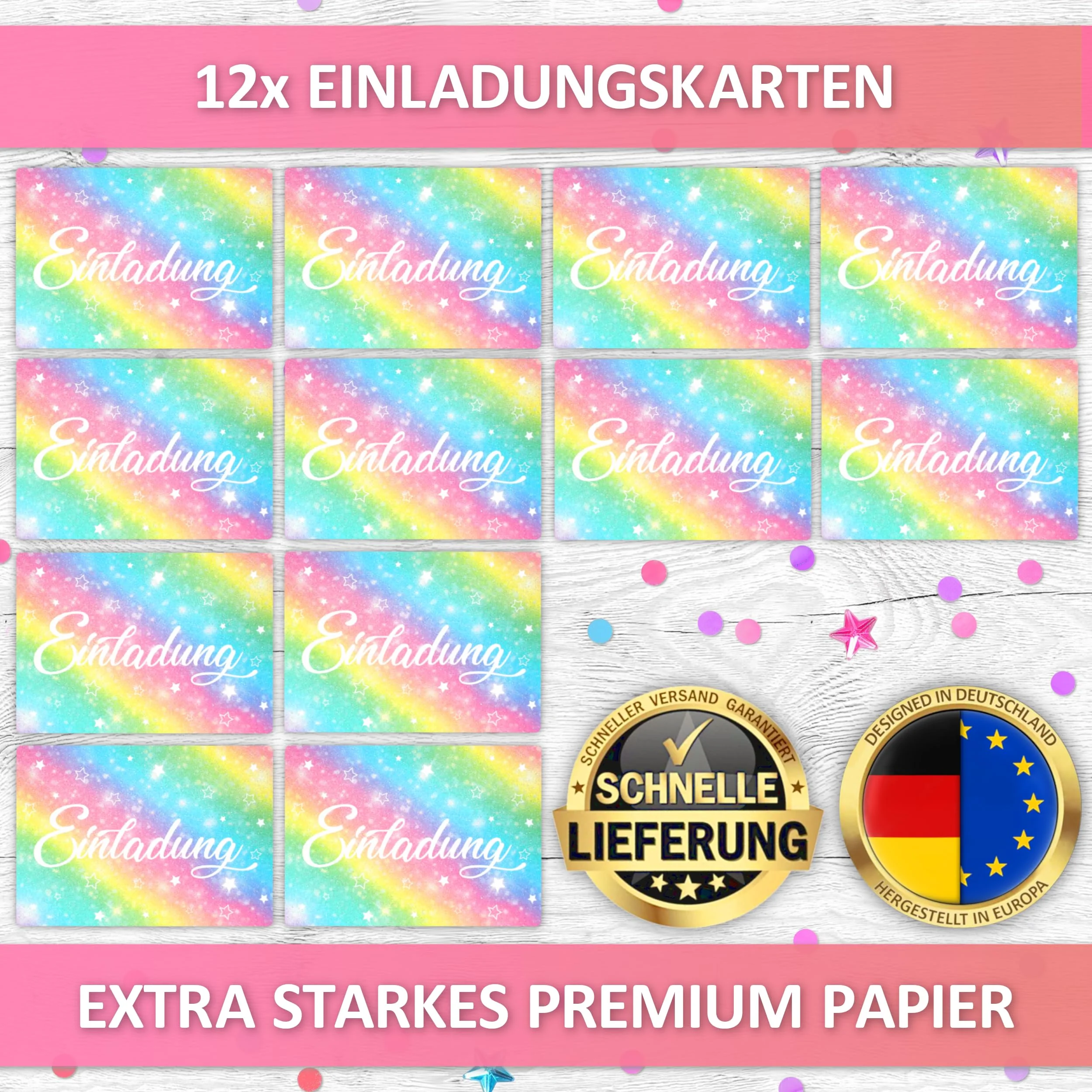 VULAVA 12x GLITZER Regenbogen EINLADUNGSKARTEN KINDERGEBURTSTAG Mädchen Junge - die Rainbow PARTY Karten sind die Regenbogen EINLADUNG für Mädchen Kinder GEBURTSTAG Einladung Glitzerlack Sterne - Image 4