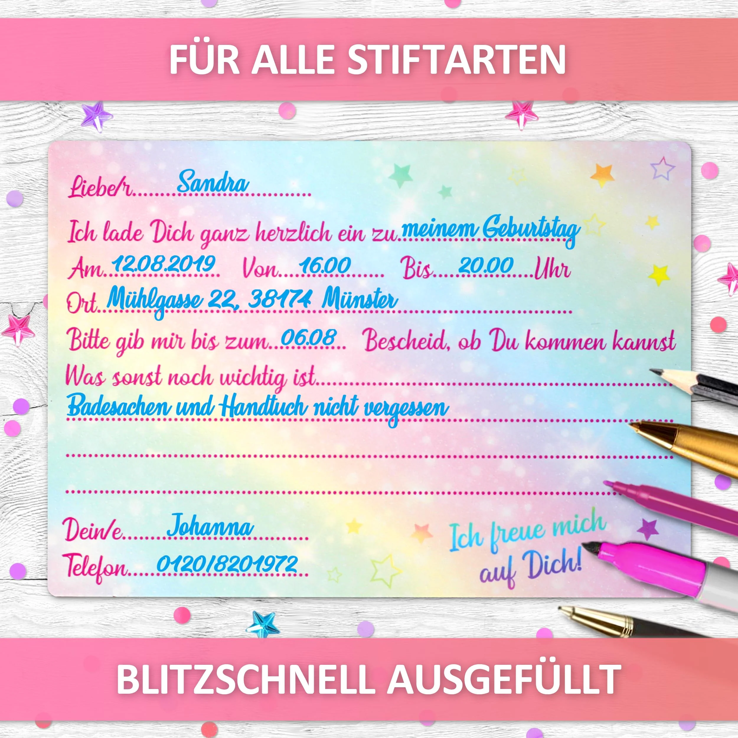 VULAVA 12x GLITZER Regenbogen EINLADUNGSKARTEN KINDERGEBURTSTAG Mädchen Junge - die Rainbow PARTY Karten sind die Regenbogen EINLADUNG für Mädchen Kinder GEBURTSTAG Einladung Glitzerlack Sterne - Image 5