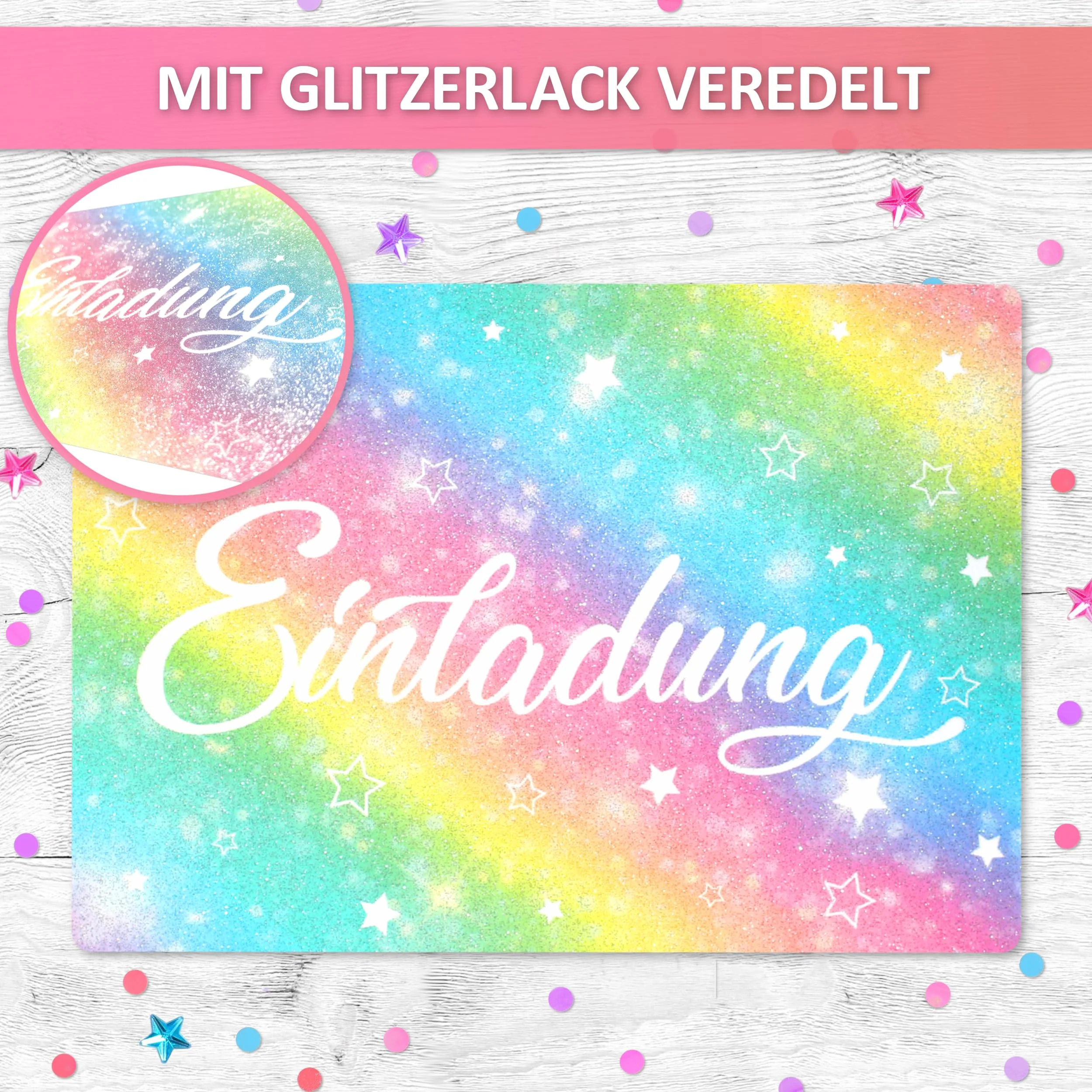 VULAVA 12x GLITZER Regenbogen EINLADUNGSKARTEN KINDERGEBURTSTAG Mädchen Junge - die Rainbow PARTY Karten sind die Regenbogen EINLADUNG für Mädchen Kinder GEBURTSTAG Einladung Glitzerlack Sterne - Image 6