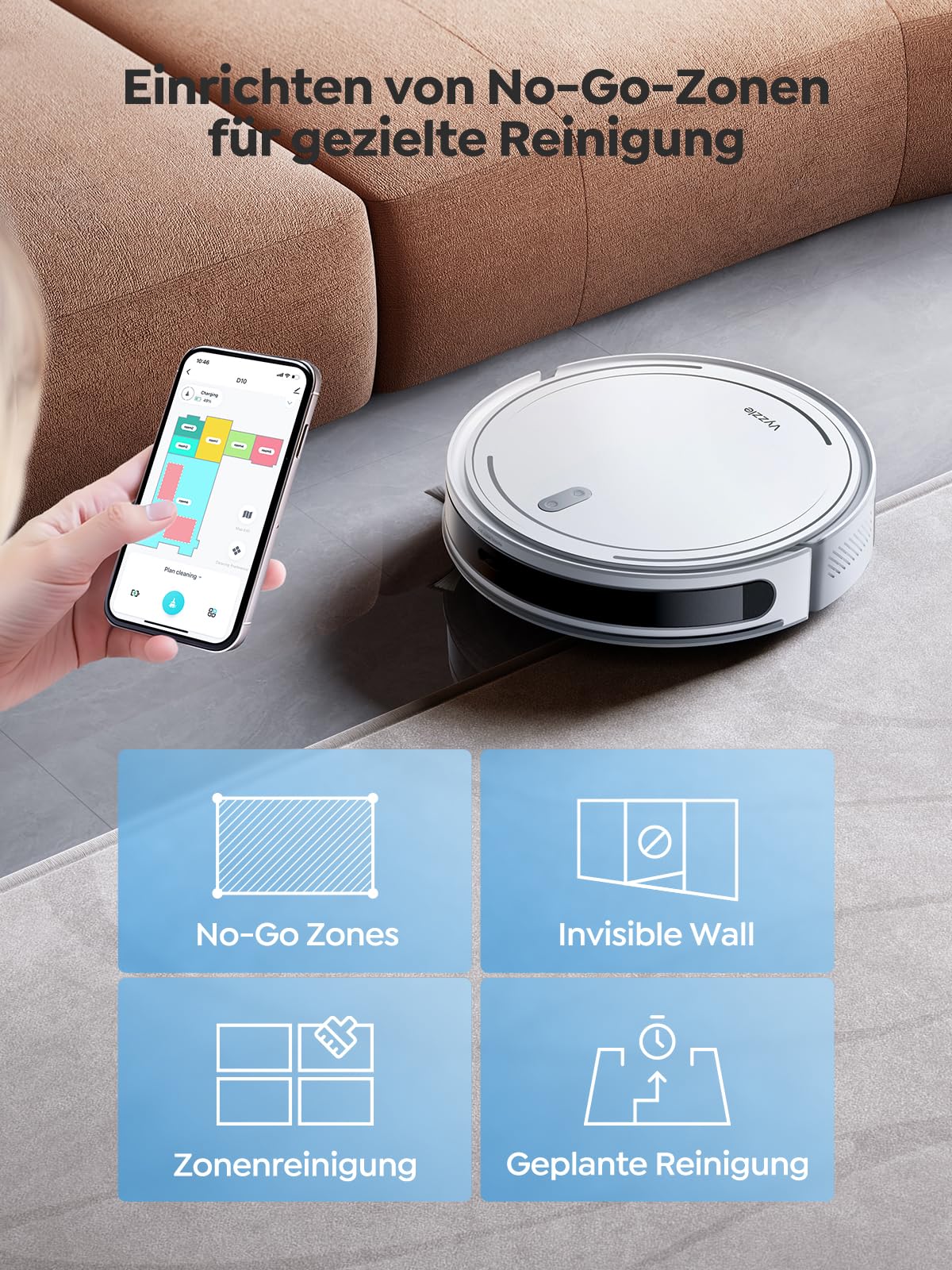 Vyzzle Saugroboter mit Wischfunktion, ultradünner Saugroboter mit LDS Navigation, 5000Pa Staubsauger Roboter D10, App/Alexa, Ideal für Tierhaare, Teppich, Hartboden - Image 2