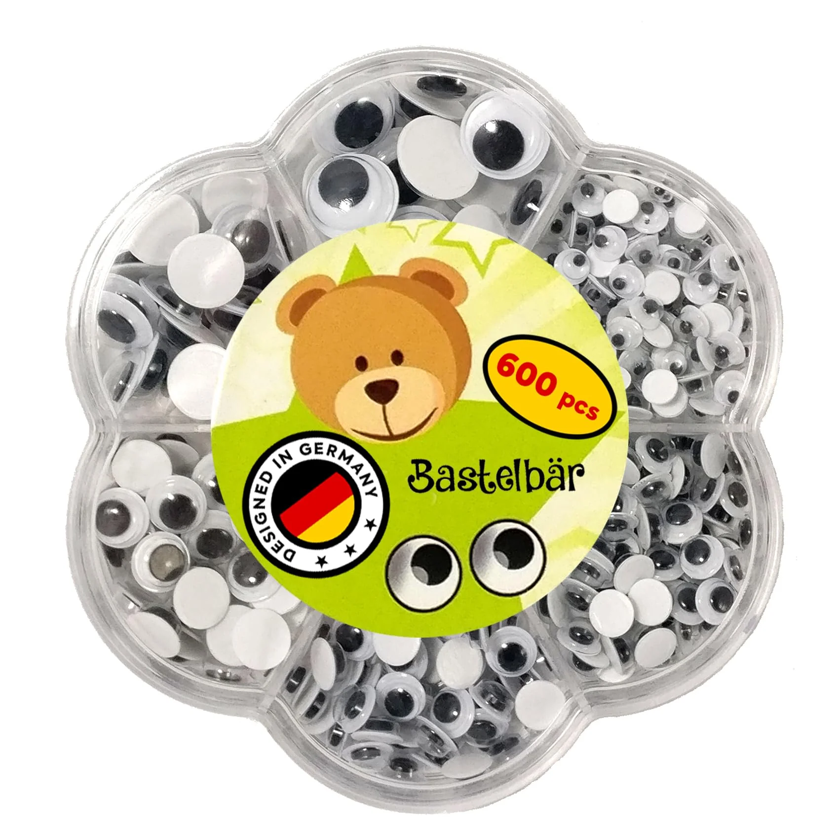 Wackelaugen Selbstklebend • 600 Stück • Premium Kulleraugen selbstklebend • Sortiert • Deutsches Kleinunternehmen • Augen zum Basteln • Bastel Augen für DIY Scrapbooking uvm • Verschiedene Größen