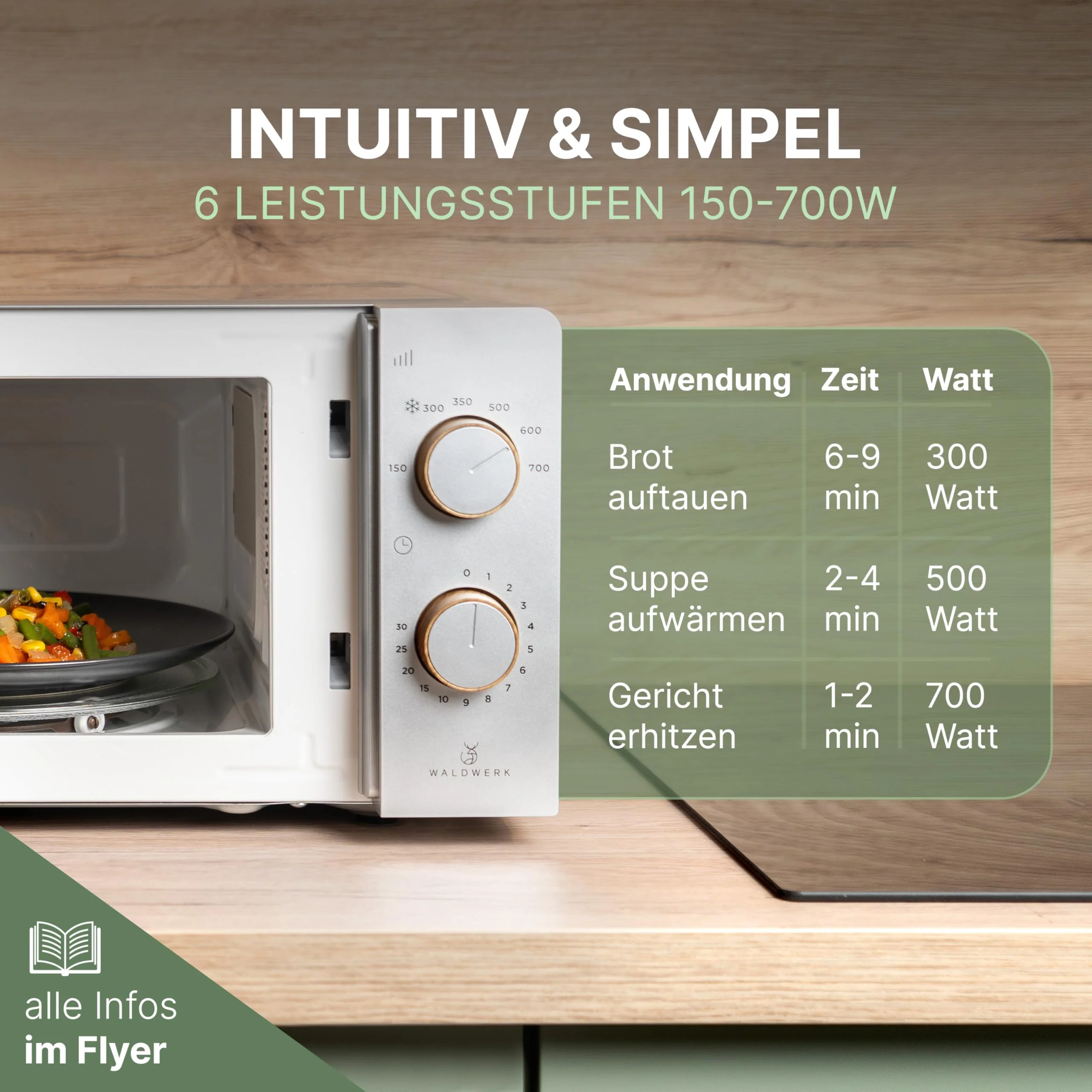 WALDWERK Mikrowelle 20L, 700 Watt - einfache Bedienung mit Drehknöpfen und edles Design - Image 6
