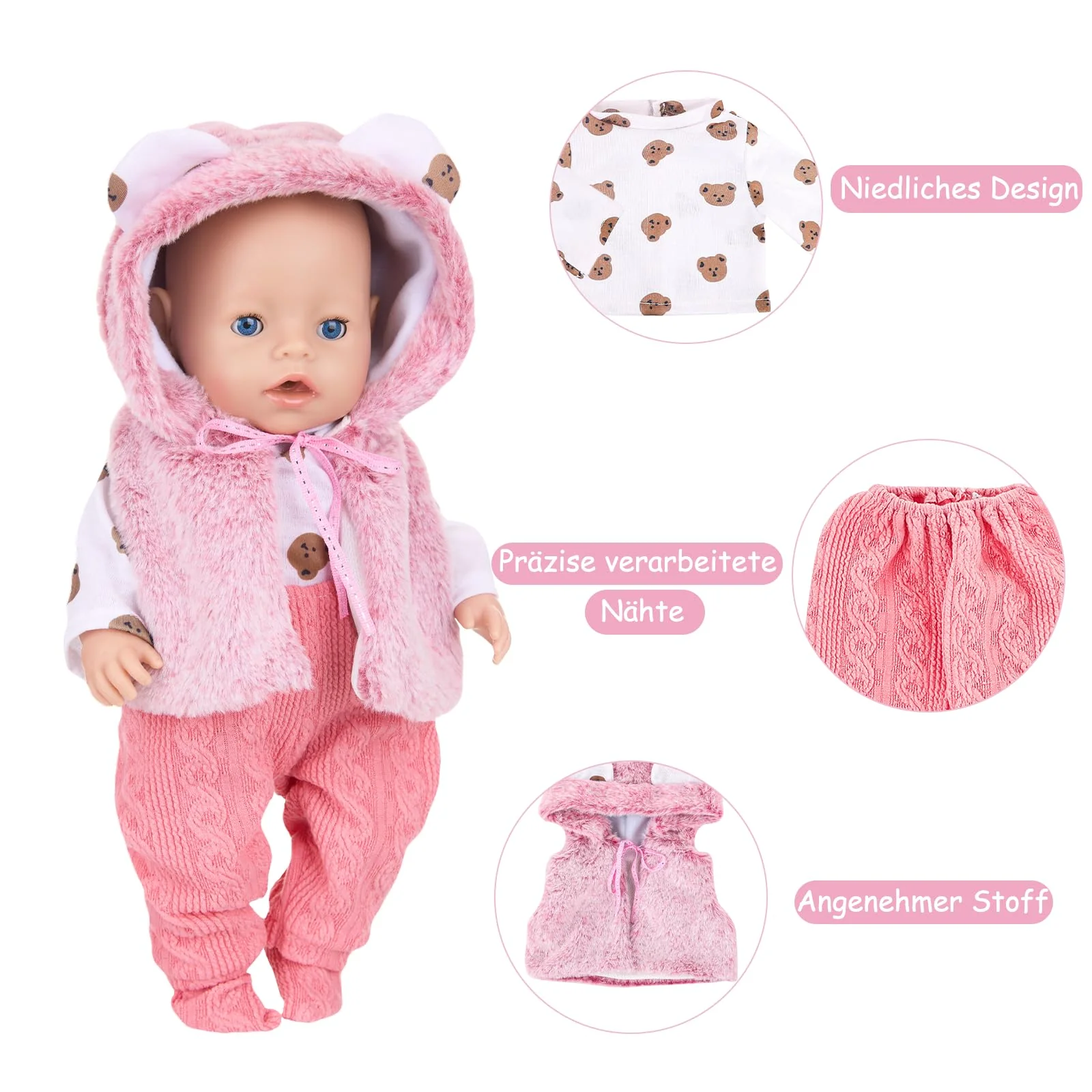 WanderGo Baby Puppen Puppenkleidung 35-43 cm, 6-teiliges Outfit mit 1 Weste + Oberteil + Hose + 1 Paar Socken + 2 Kleiderbügel , Kleine Bär Babypuppe Kleidung für 14-18 Zoll Puppen(Ohne Puppe) - Image 6