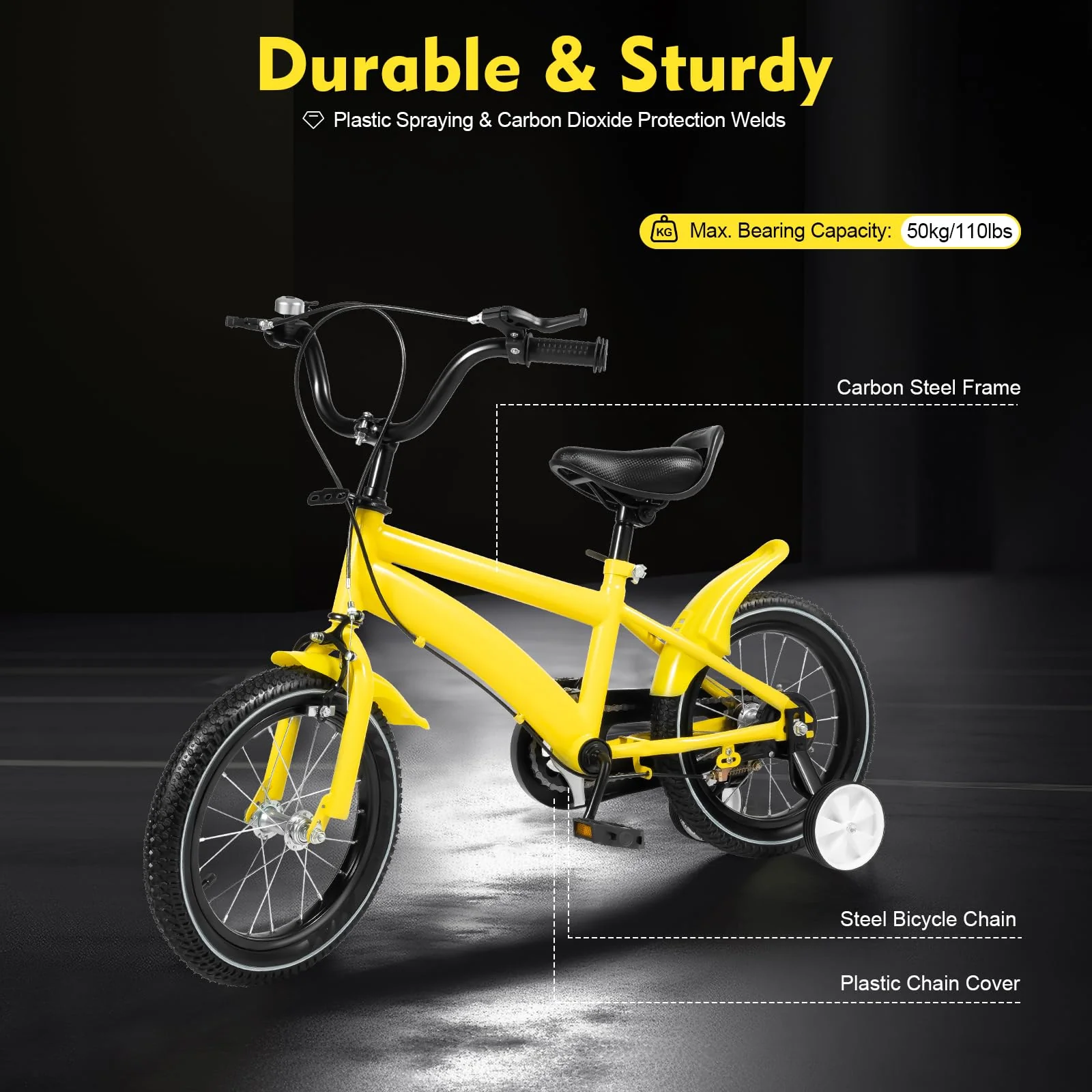 WAPHOERTE 14-Zoll-Kinderfahrrad Anfängerfahrrad mit Stützrädern, Trainingsfahrzeug für 2-4-Jährige Jungen und Mädchen, Höhenverstellbar, Maximal zulässiges Gewicht 50 kg, Gelb + Schwarz - Image 3