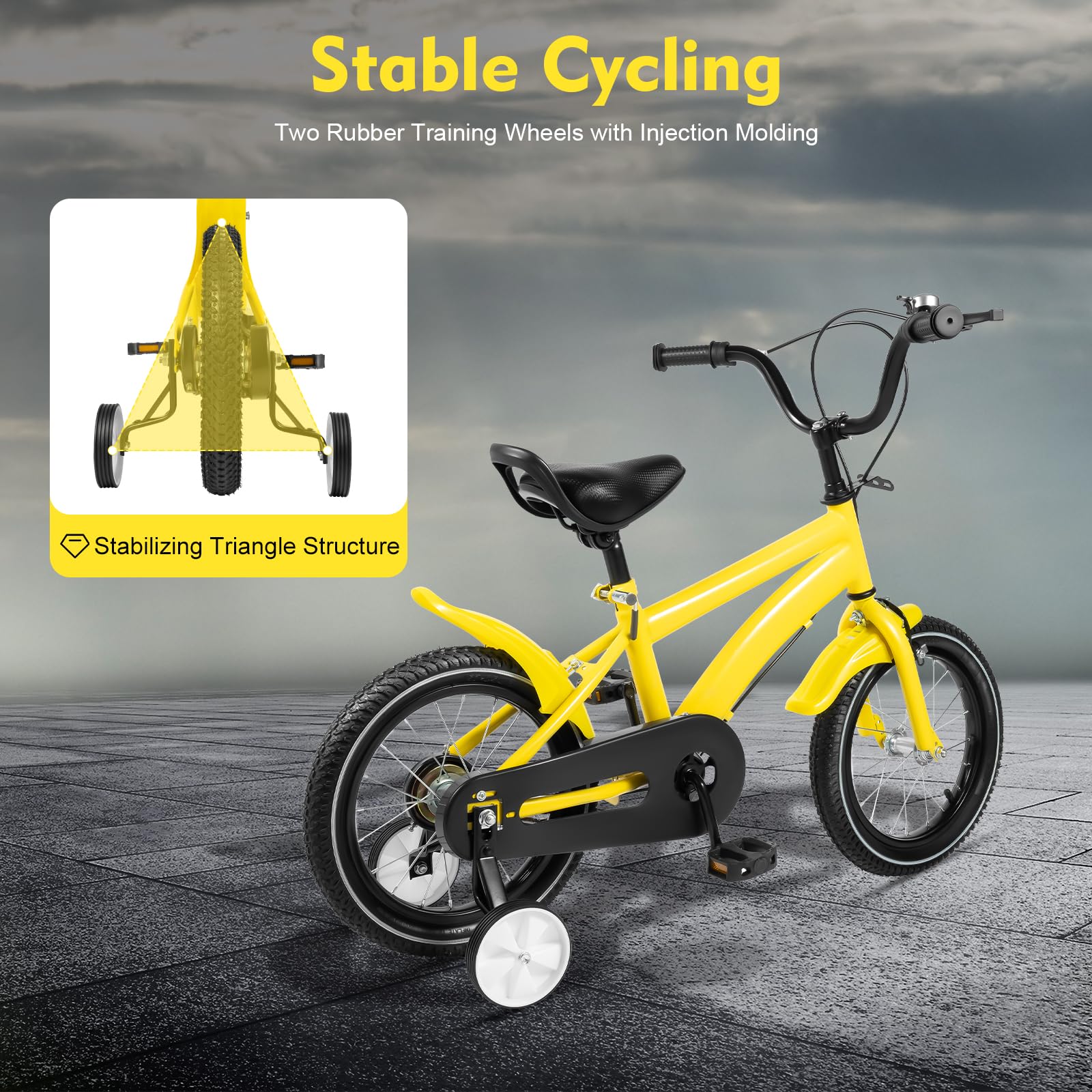WAPHOERTE 14-Zoll-Kinderfahrrad Anfängerfahrrad mit Stützrädern, Trainingsfahrzeug für 2-4-Jährige Jungen und Mädchen, Höhenverstellbar, Maximal zulässiges Gewicht 50 kg, Gelb + Schwarz - Image 7