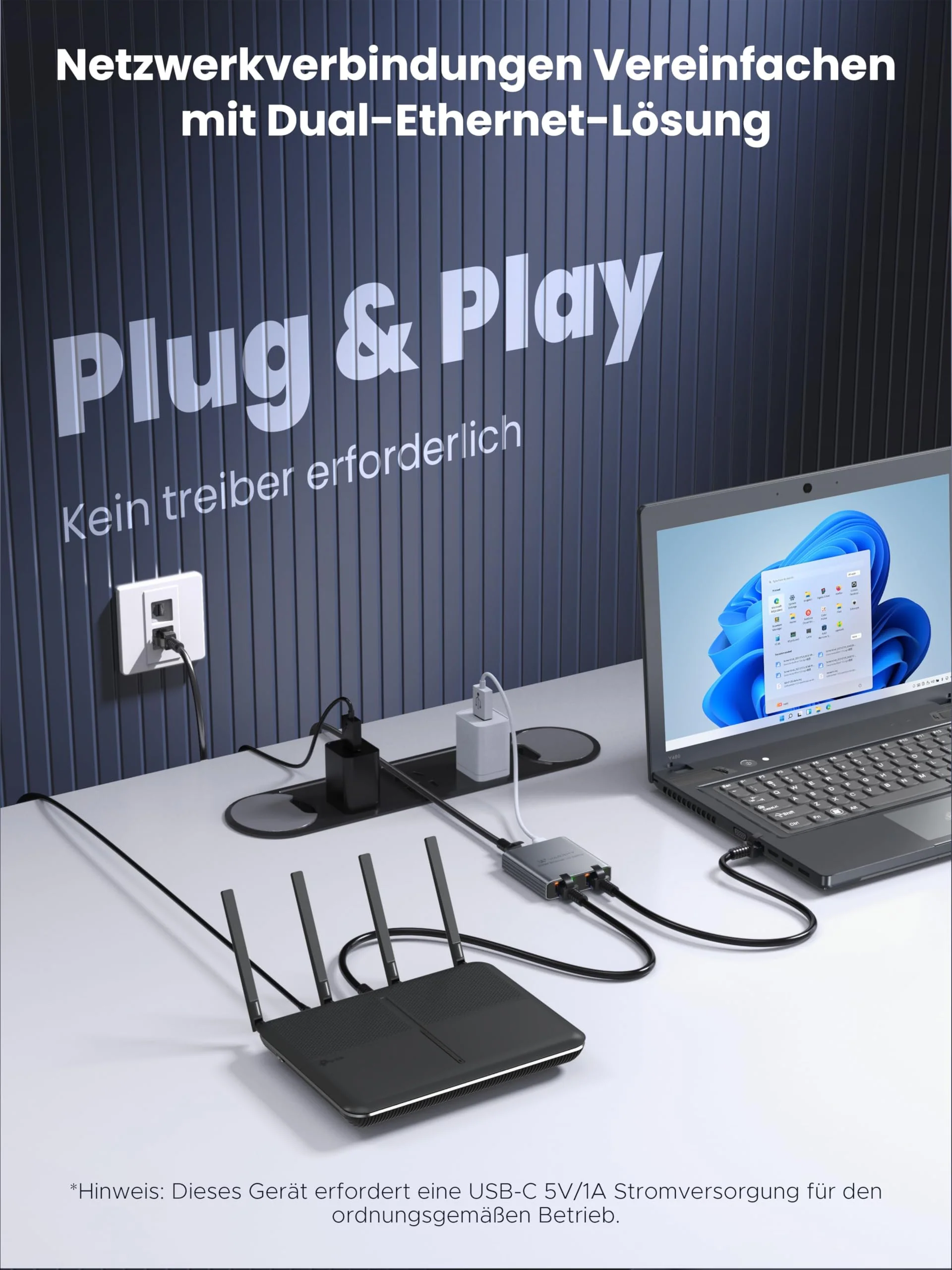 WARRKY LAN Splitter 1 auf 2, 1000Mbps Ethernet Splitter mit Type-C-Netzkabel, [1,4cm ultraschlank, Integriert geformtes Aluminiumgehäuse] Gigabit LAN verteiler 2 Port, Net Switch für Cat 5/5e/6/7/8 - Image 2