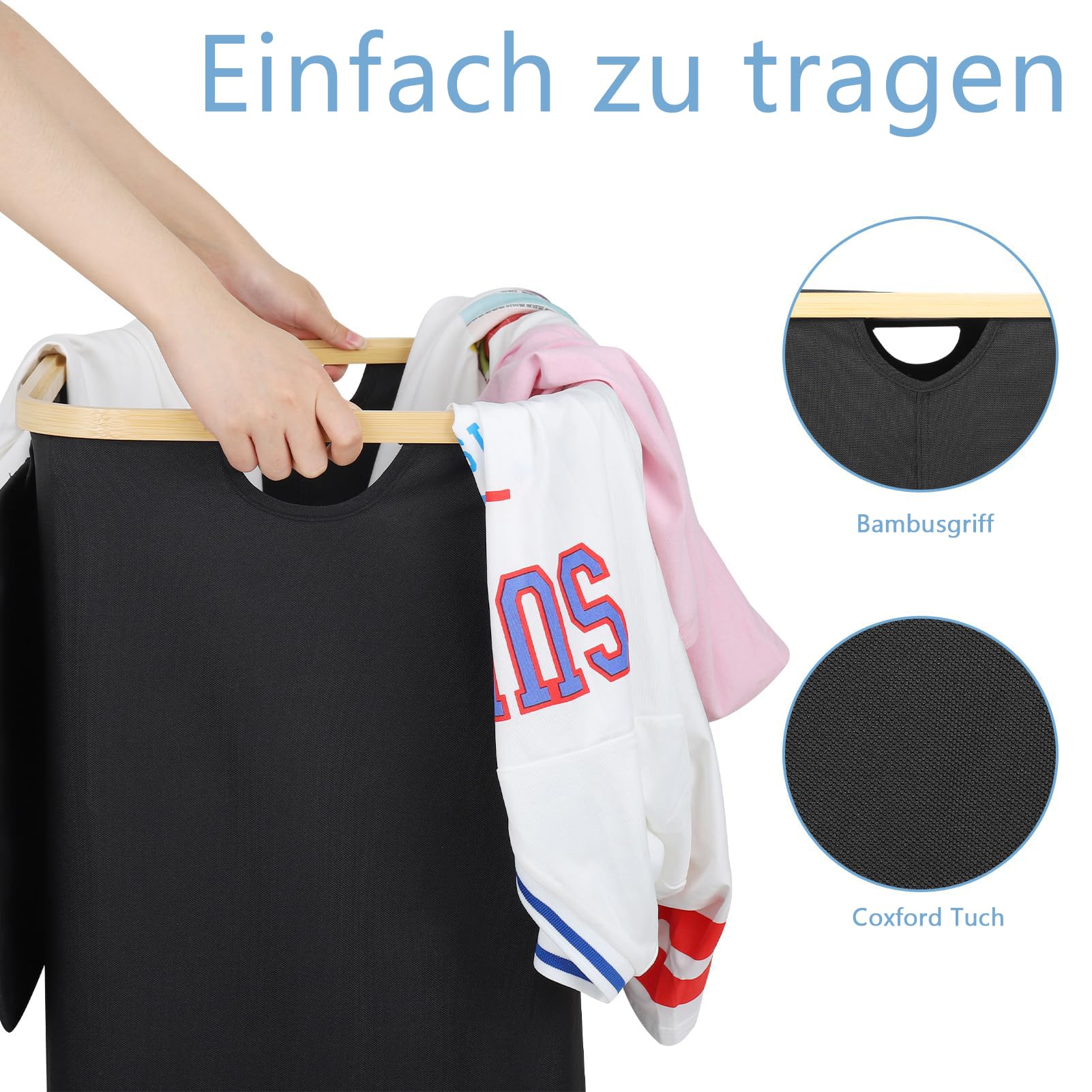 Wäschekorb -100L Waschbarer und hygienischer Groß Wäschesammler schmal mit herausnehmbarem Wäschesack-Wäschekorb mit Deckel & Bambusrand - Wäscheboxen - waschkorb (Schwarz) - Image 3