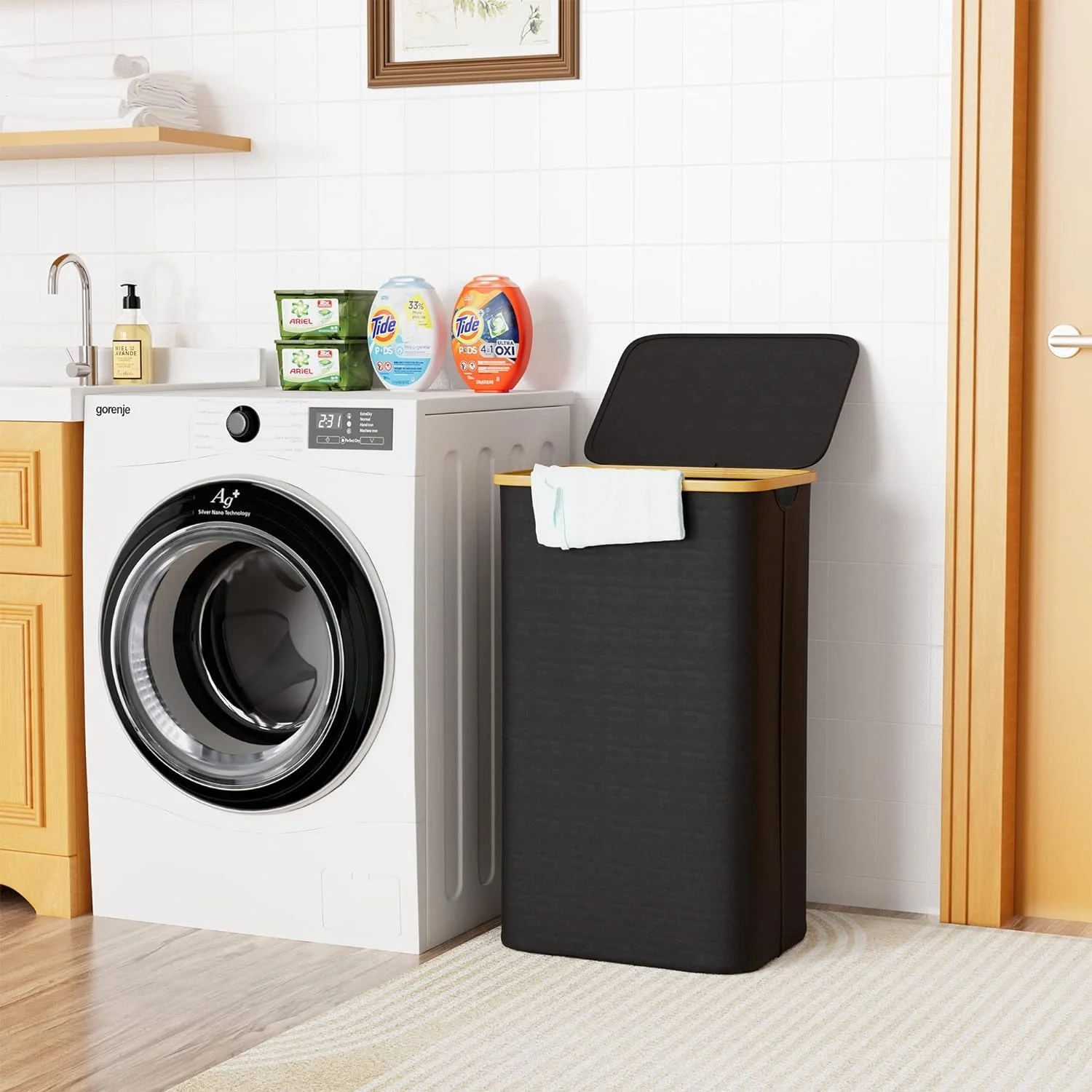 Wäschekorb -100L Waschbarer und hygienischer Groß Wäschesammler schmal mit herausnehmbarem Wäschesack-Wäschekorb mit Deckel & Bambusrand - Wäscheboxen - waschkorb (Schwarz) - Image 5