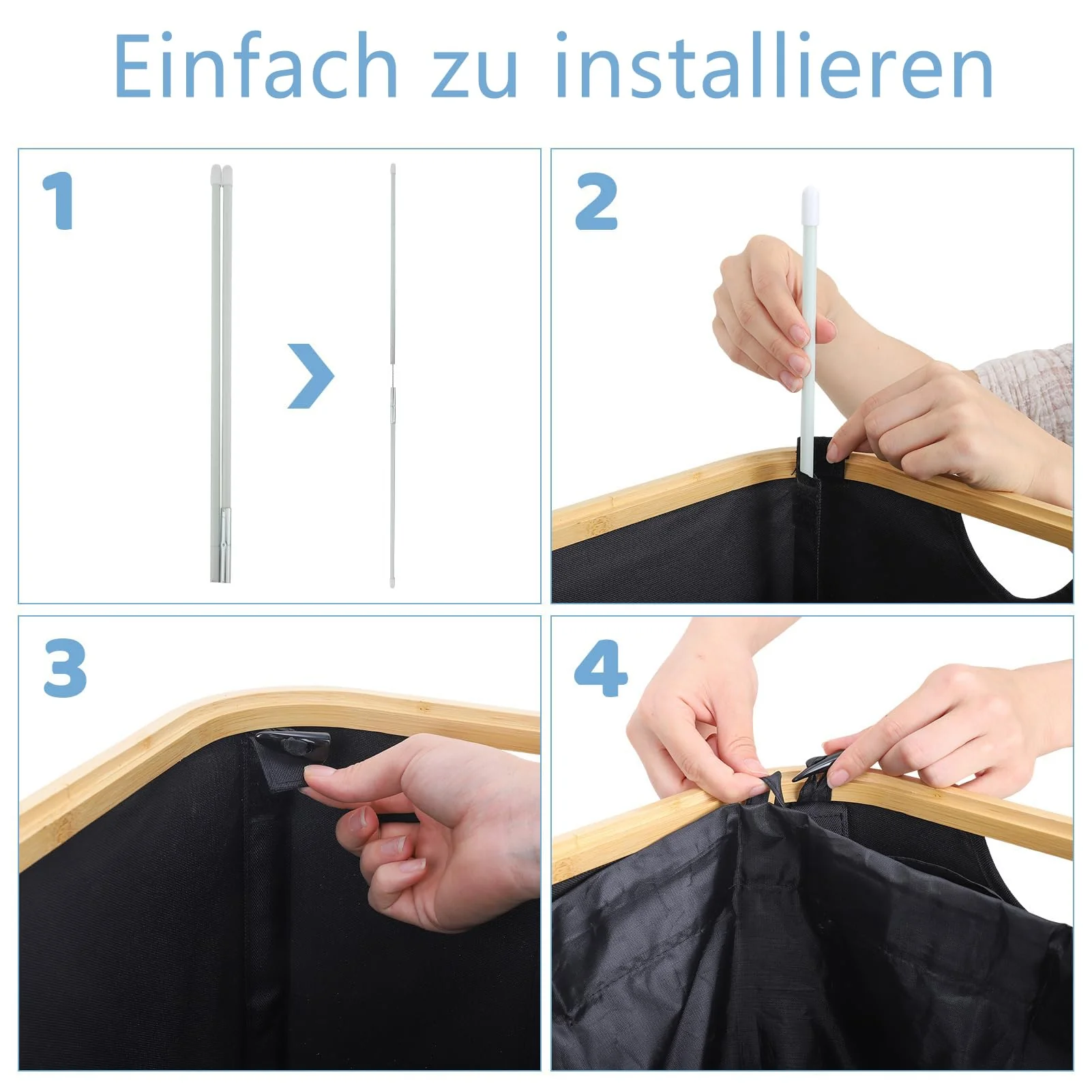 Wäschekorb -100L Waschbarer und hygienischer Groß Wäschesammler schmal mit herausnehmbarem Wäschesack-Wäschekorb mit Deckel & Bambusrand - Wäscheboxen - waschkorb (Schwarz) - Image 7