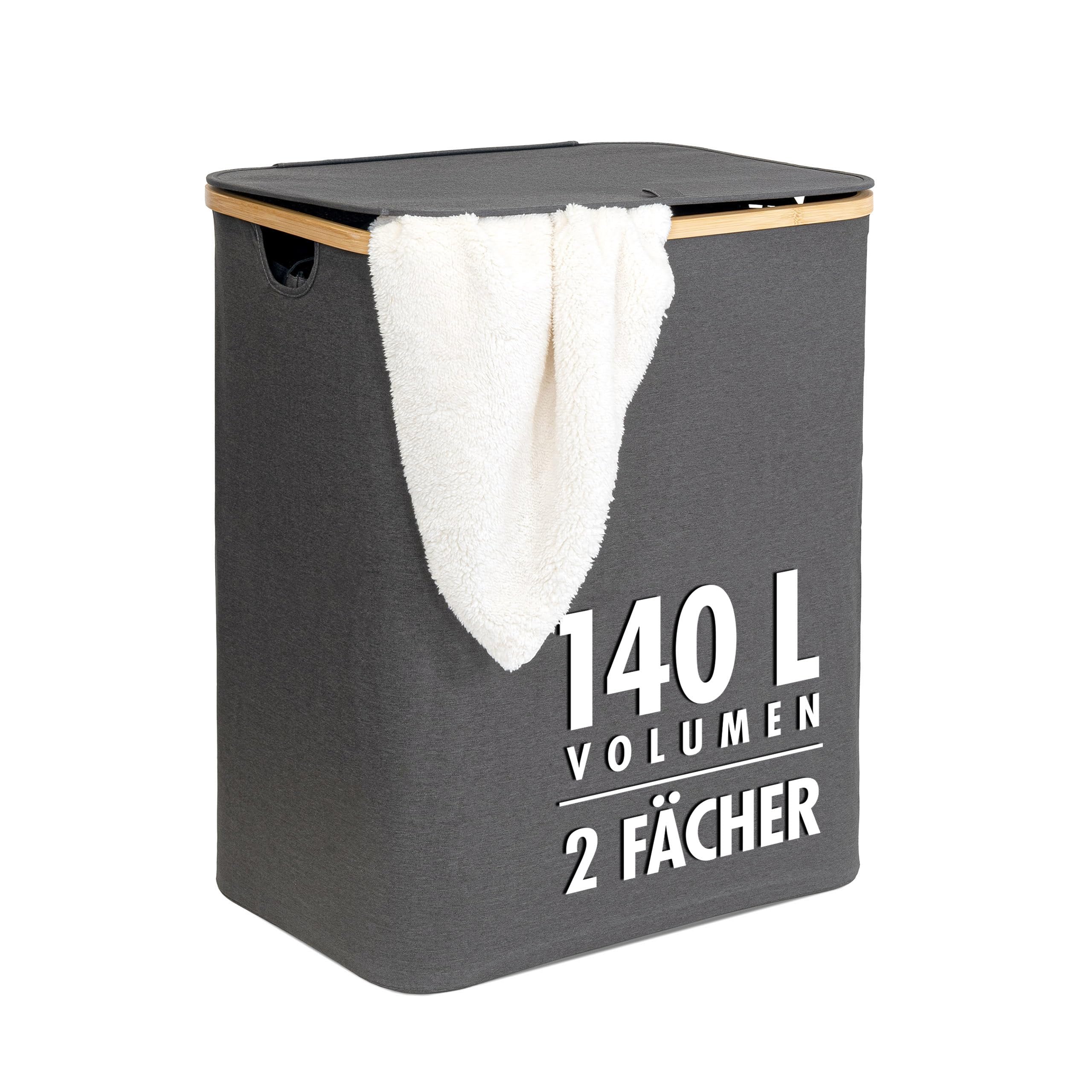 Wäschekorb | 140 Liter | 2 Fächer | mit Deckel und Bambus-Rahmen | Wäschesammler mit 2x Wäschesack zum herausnehmen | grau-anthrazit | ca. 57x37,5x67 cm | faltbar - Image 3