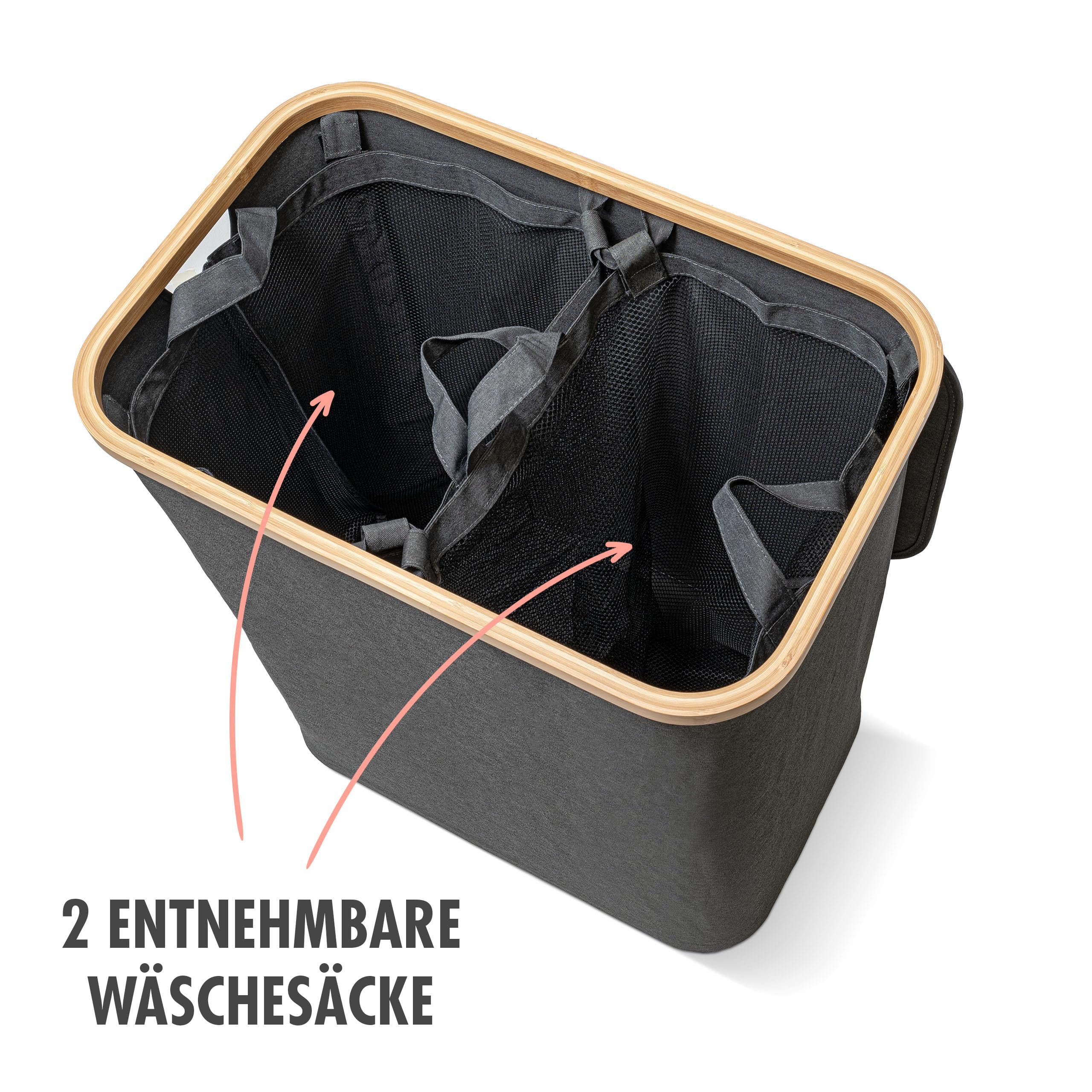 Wäschekorb | 140 Liter | 2 Fächer | mit Deckel und Bambus-Rahmen | Wäschesammler mit 2x Wäschesack zum herausnehmen | grau-anthrazit | ca. 57x37,5x67 cm | faltbar - Image 7