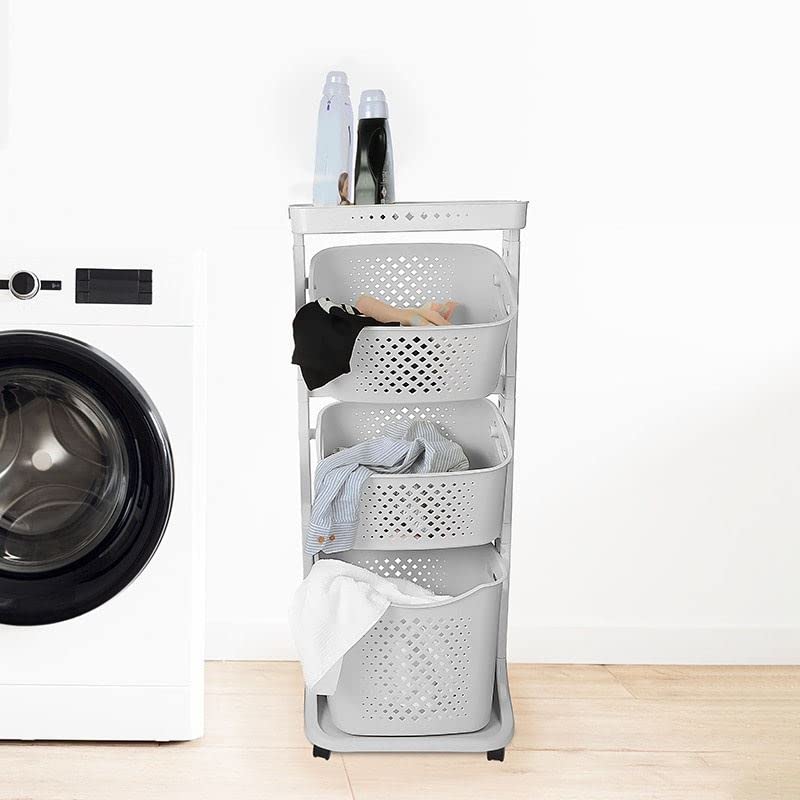 Wäschekorb 3 Fächer Wäschekorbwagen mehrstöckig Kunststoff Wäschekorb mit Rollen Laundry Basket Kunststoffkorb für Wäsche Wäschebox Wäschesammler Aufbewahrung hellgrau - Image 5