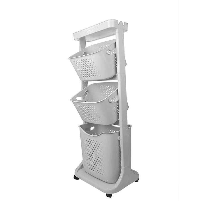 Wäschekorb 3 Fächer Wäschekorbwagen mehrstöckig Kunststoff Wäschekorb mit Rollen Laundry Basket Kunststoffkorb für Wäsche Wäschebox Wäschesammler Aufbewahrung hellgrau - Image 7