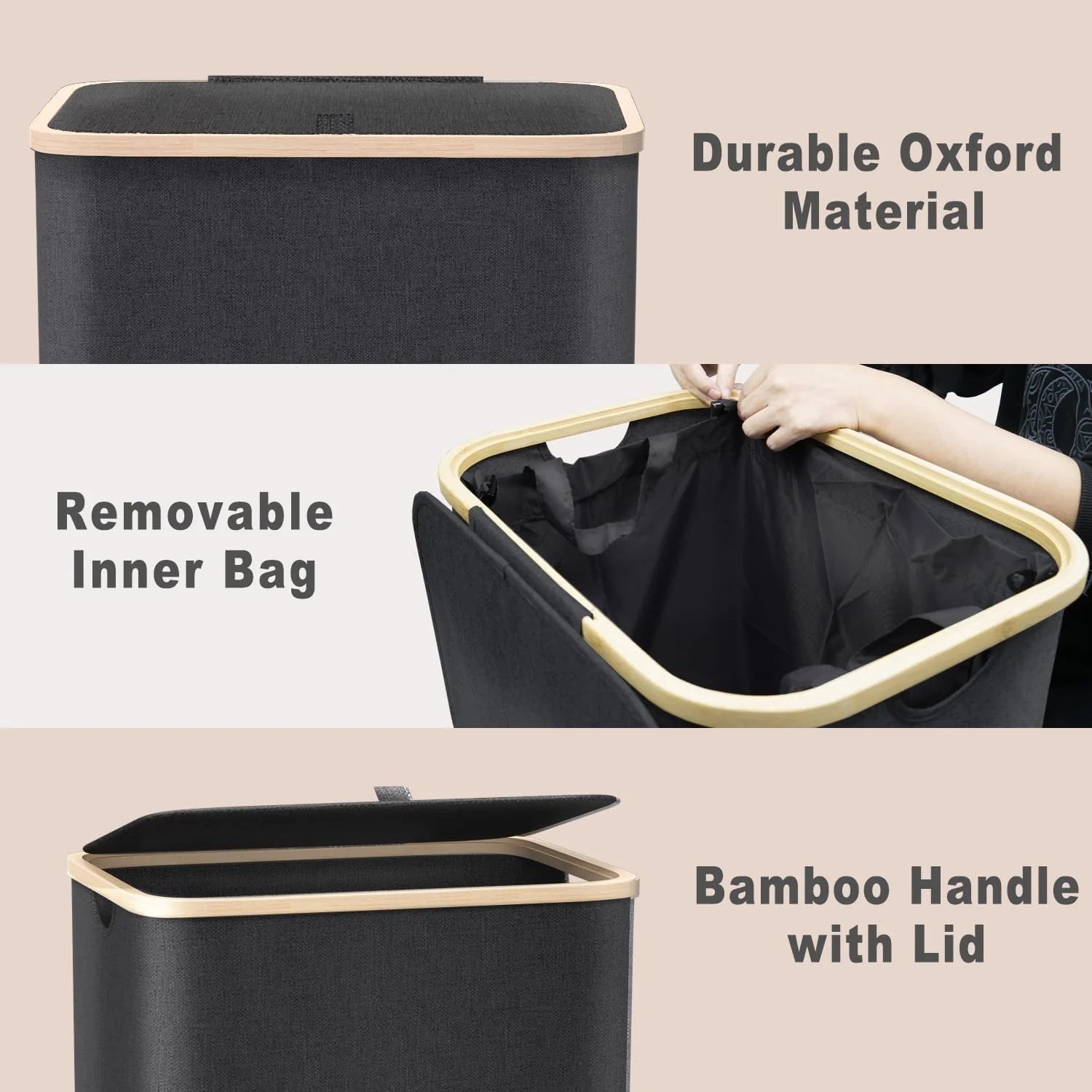 Wäschekorb mit Deckel Groß, 100L Wäschesammler schmal mit herausnehmbaren Wäschesack Laundry Baskets Wäscheschrank Wäschetruhe Wäschetonne für Schmutzwäsche Schwarz - Image 3