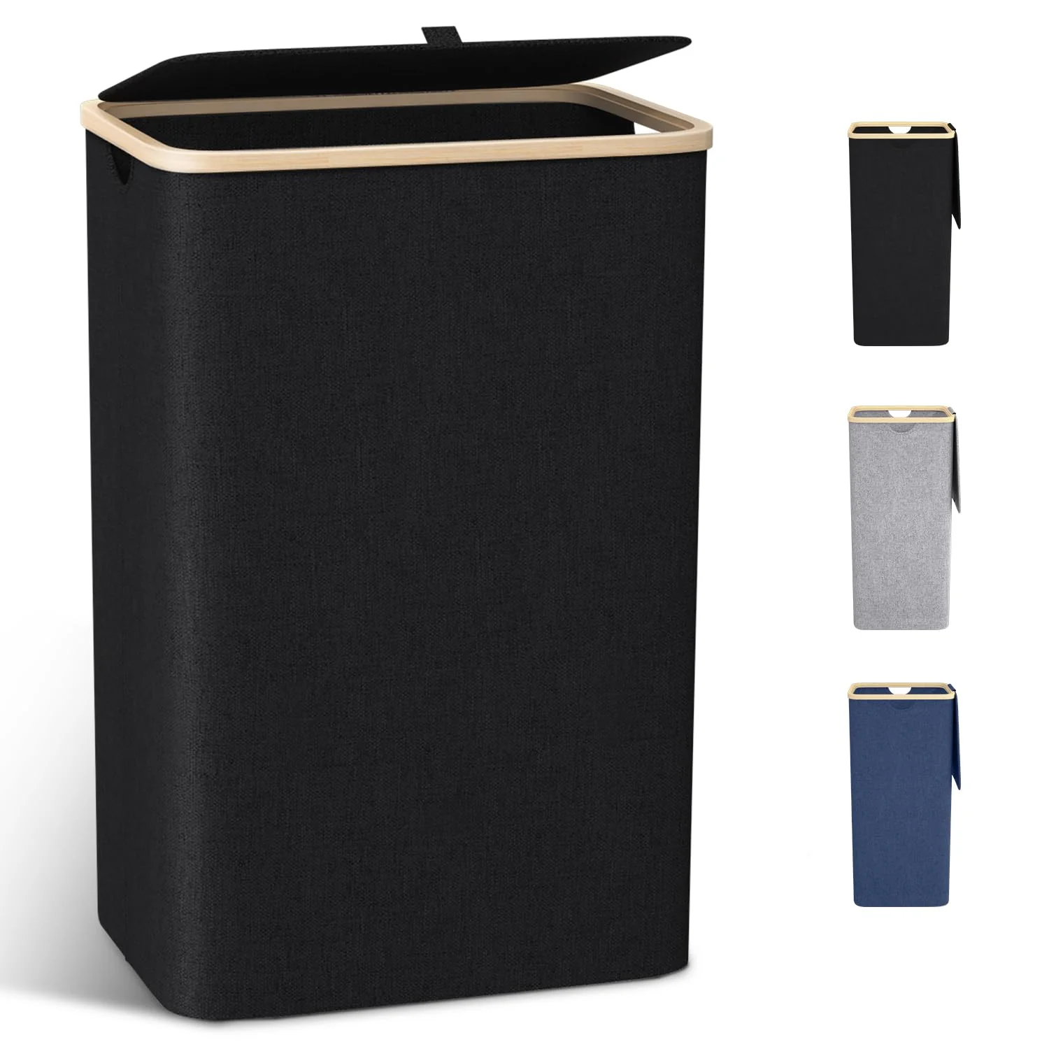 Wäschekorb mit Deckel Groß, 100L Wäschesammler schmal mit herausnehmbaren Wäschesack Laundry Baskets Wäscheschrank Wäschetruhe Wäschetonne für Schmutzwäsche Schwarz - Image 4