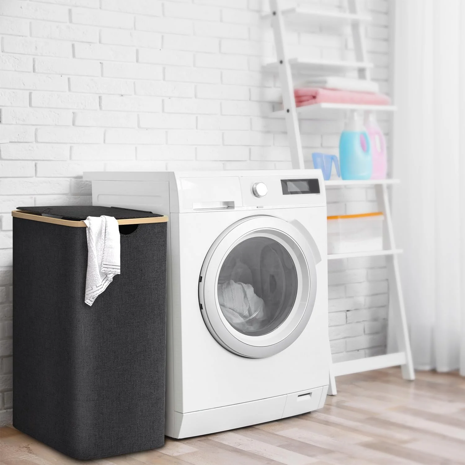 Wäschekorb mit Deckel Groß, 100L Wäschesammler schmal mit herausnehmbaren Wäschesack Laundry Baskets Wäscheschrank Wäschetruhe Wäschetonne für Schmutzwäsche Schwarz - Image 5