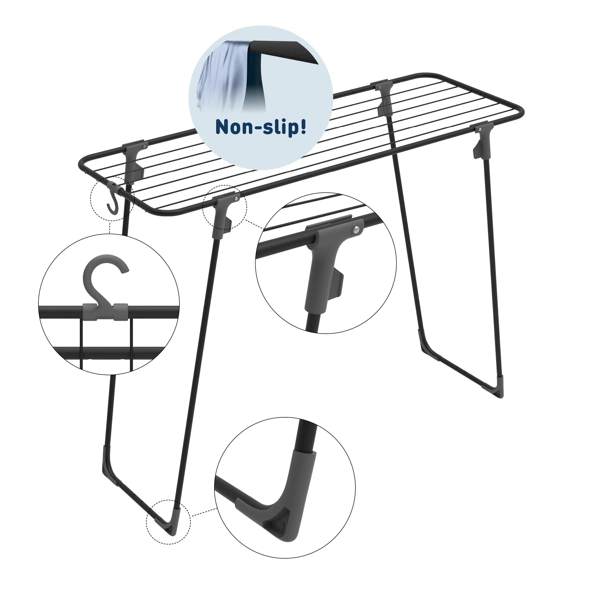 Wäscheständer Nano – verriegelt die Standbeine in zusammengeklappter Position - Haken zur Aufbewahrung - 9 m Trockenfläche - Design und Qualität von Schwedens stärkster Trockenständermarke (Schwarz) - Image 3