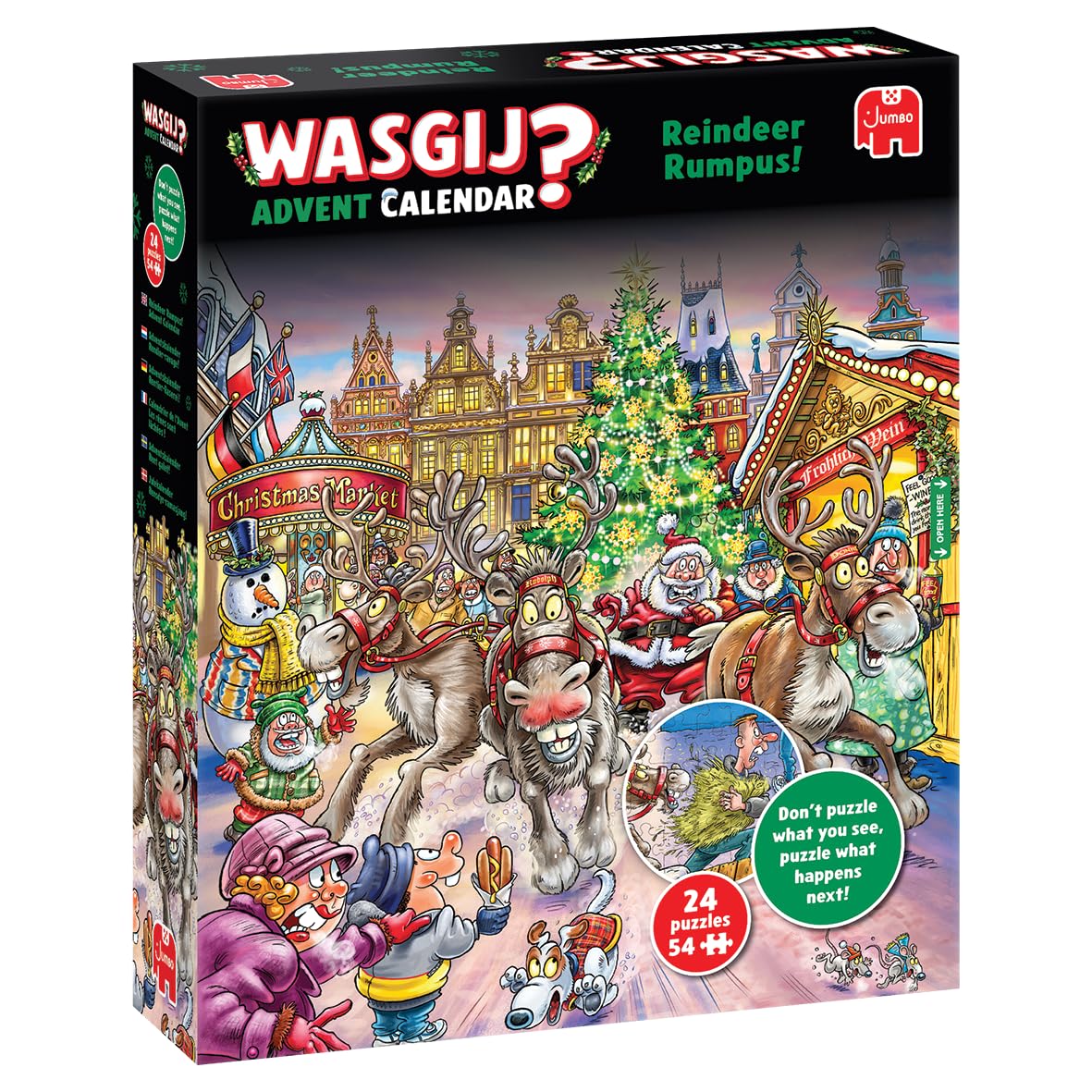 Wasgij Weihnachtspuzzle Adventskalender 2025, Rentier Raserei - Tägliches Puzzleset, 24 Tage Puzzle, 54-teilige Puzzles für Erwachsene 100 Prozent recycelter Karton für Erwachsene Festlicher Countdown