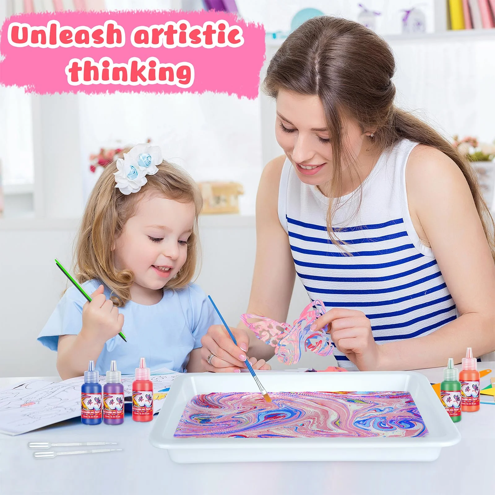 Wasser marmorierfarbe Farbset für Kinder(12 Farben+6 Holzornamente).Malen auf Wasser Kunst-und Bastelbedarf,Malaktivität DIY kreative Kunstpädagogische Spielzeuge.Spielzeug für Mädchen/Jungen ab 6+ - Image 5