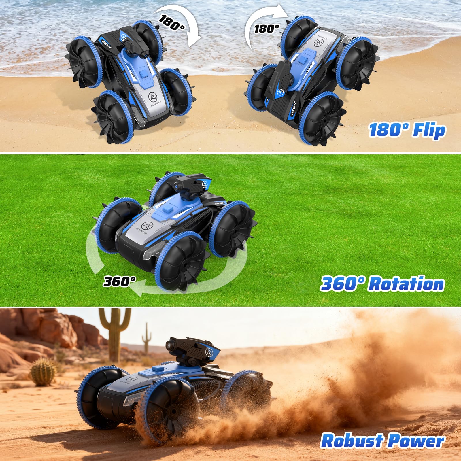 Wasserdichtes Amphibien Ferngesteuertes Auto Kinder, RC Auto kinder 360° Drehung & 180° Rückwärts Flip, 2.4GHz 4WD Gelände Auto mit Coolen LED Lichtern, Wasserdichtes Ferngesteuertes Auto ab 3 Jahre - Image 6