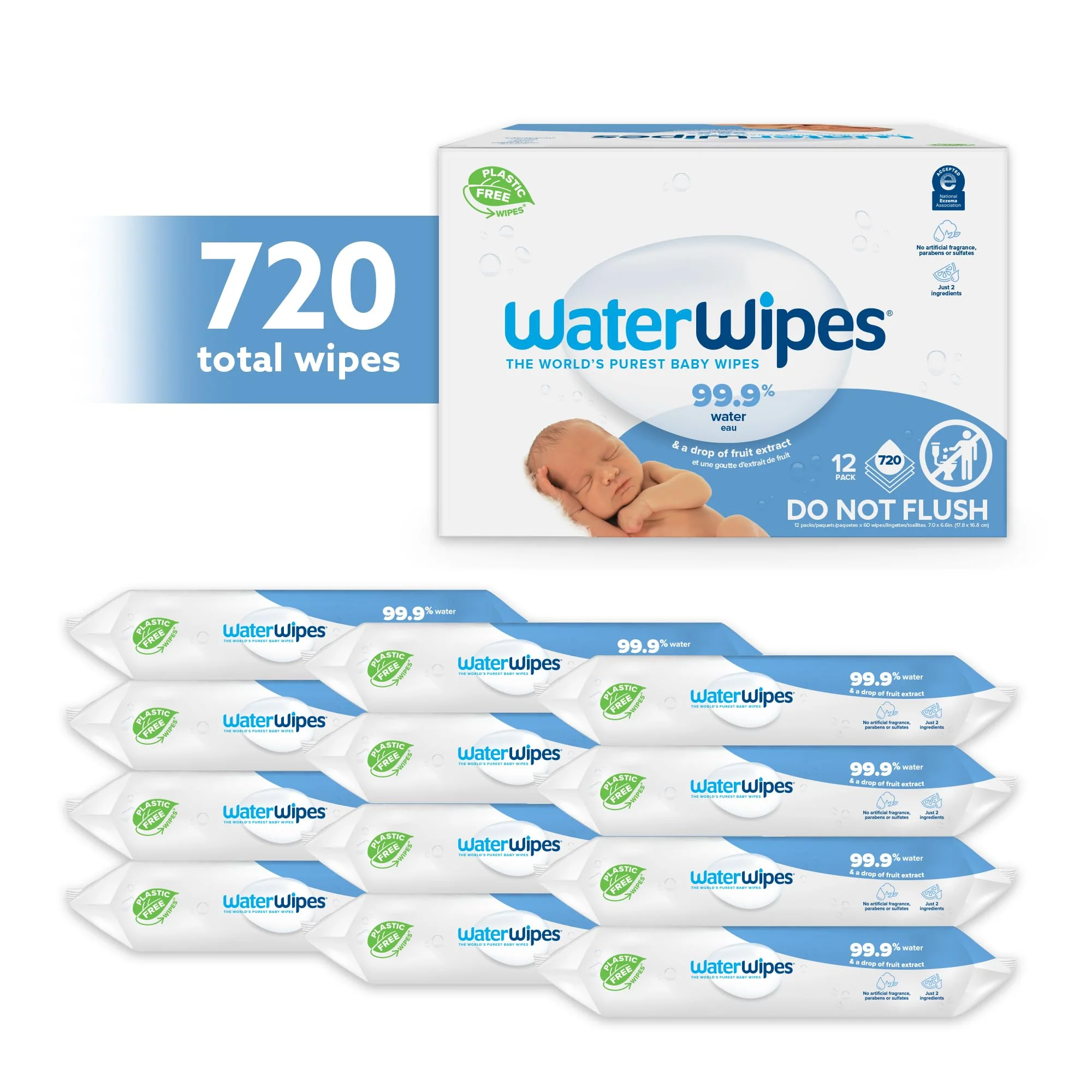 WaterWipes plastikfreie, originale Reinigungstücher für Babys, 720 Stück (12 Packungen), 99,9 % wasserbasierte Reingugnstücher, unparfümiert für empfindliche Haut - Image 6