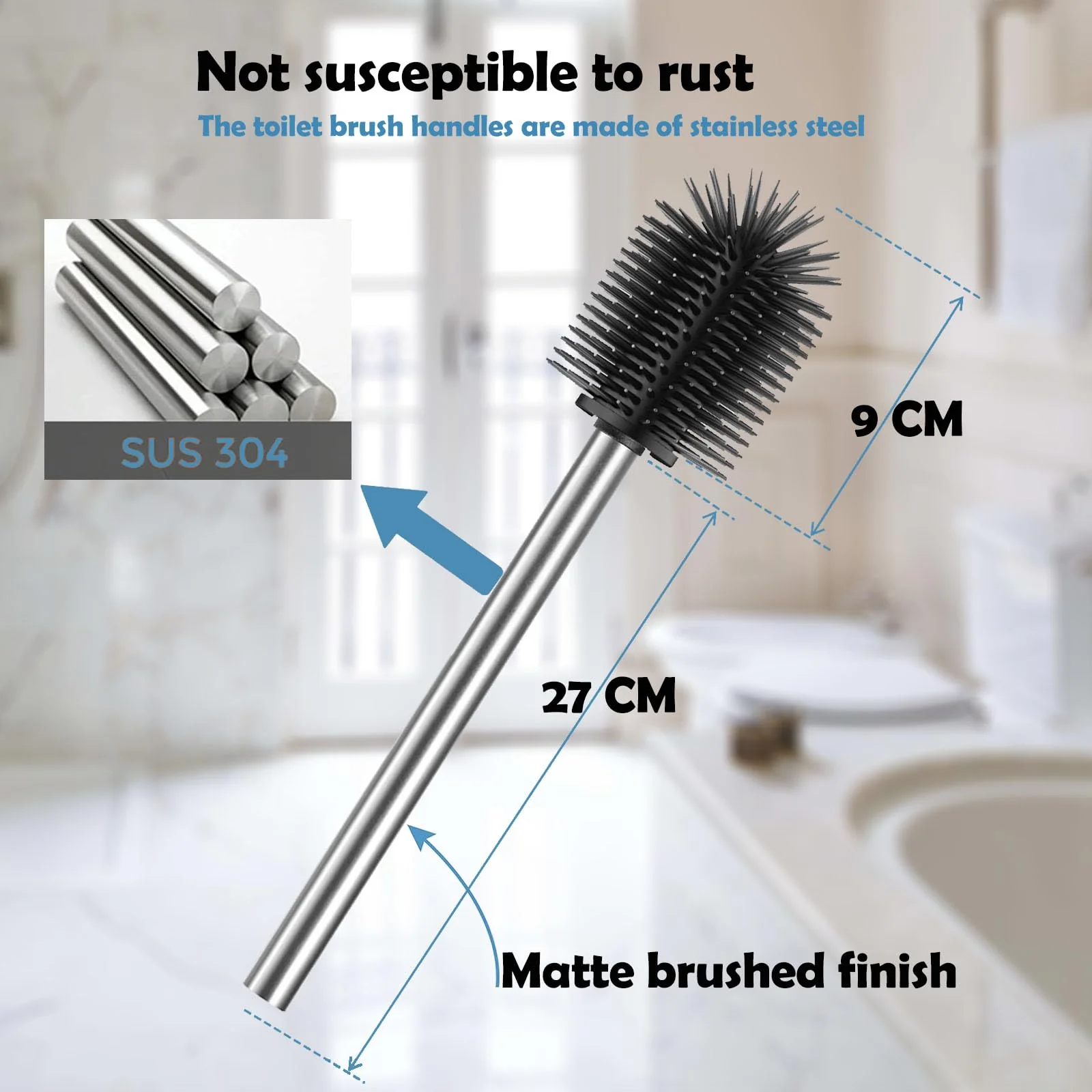 WAVEWO WC-bürste 2er Set mit 3 Ersatzbürstenköpfen, Edelstahlgriffe, geeignet für Badezimmer, Toilettenbürste Ersatzdurchmesser 7 cm (TPR Silber) - Image 3