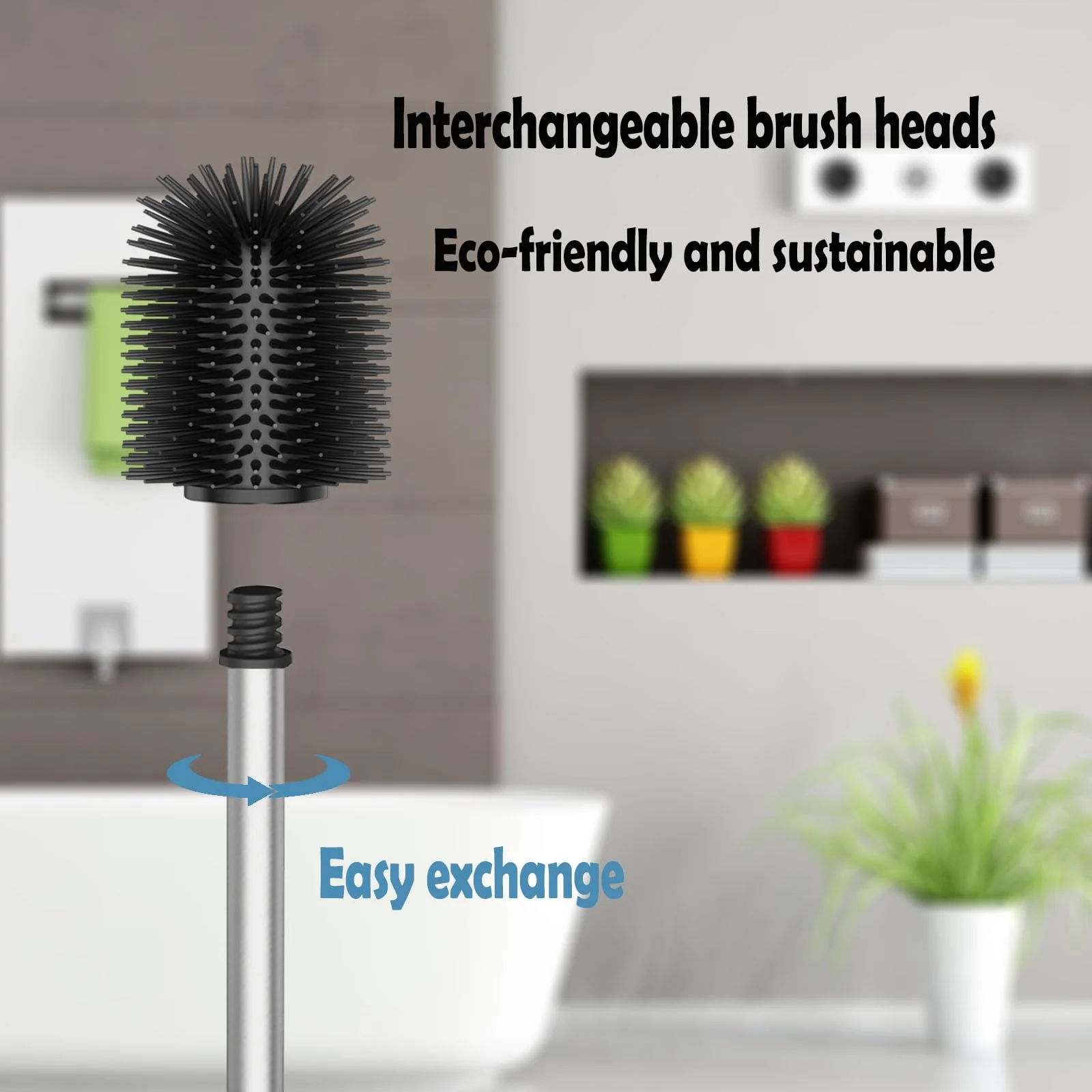 WAVEWO WC-bürste 2er Set mit 3 Ersatzbürstenköpfen, Edelstahlgriffe, geeignet für Badezimmer, Toilettenbürste Ersatzdurchmesser 7 cm (TPR Silber) - Image 5