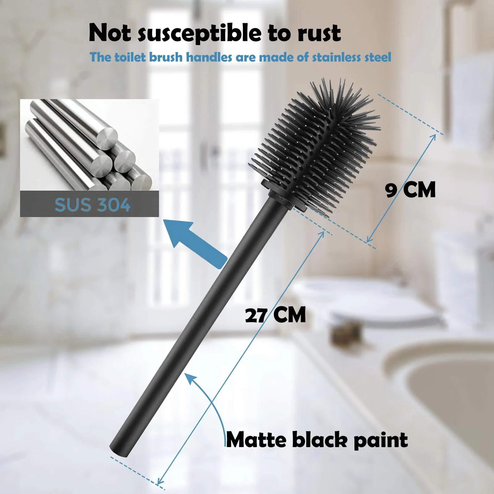 WAVEWO WC-Bürste Silikon -Toilettenbürste 2 Sätze, 3 Ersatzbürstenköpfe, Lange Edelstahlgriffe, geeignet für Badezimmer, Toilettenbürste Durchmesser 7 cm (TPR Mattschwarz)